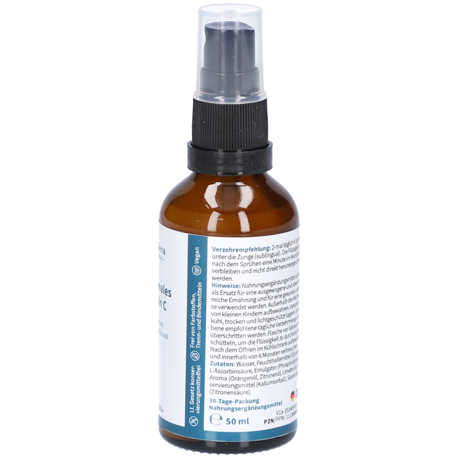 Braune Glasflasche mit Sprühkopf. Beschriftung: NatuGena, Liposomales Vitamin C, 50 ml.
