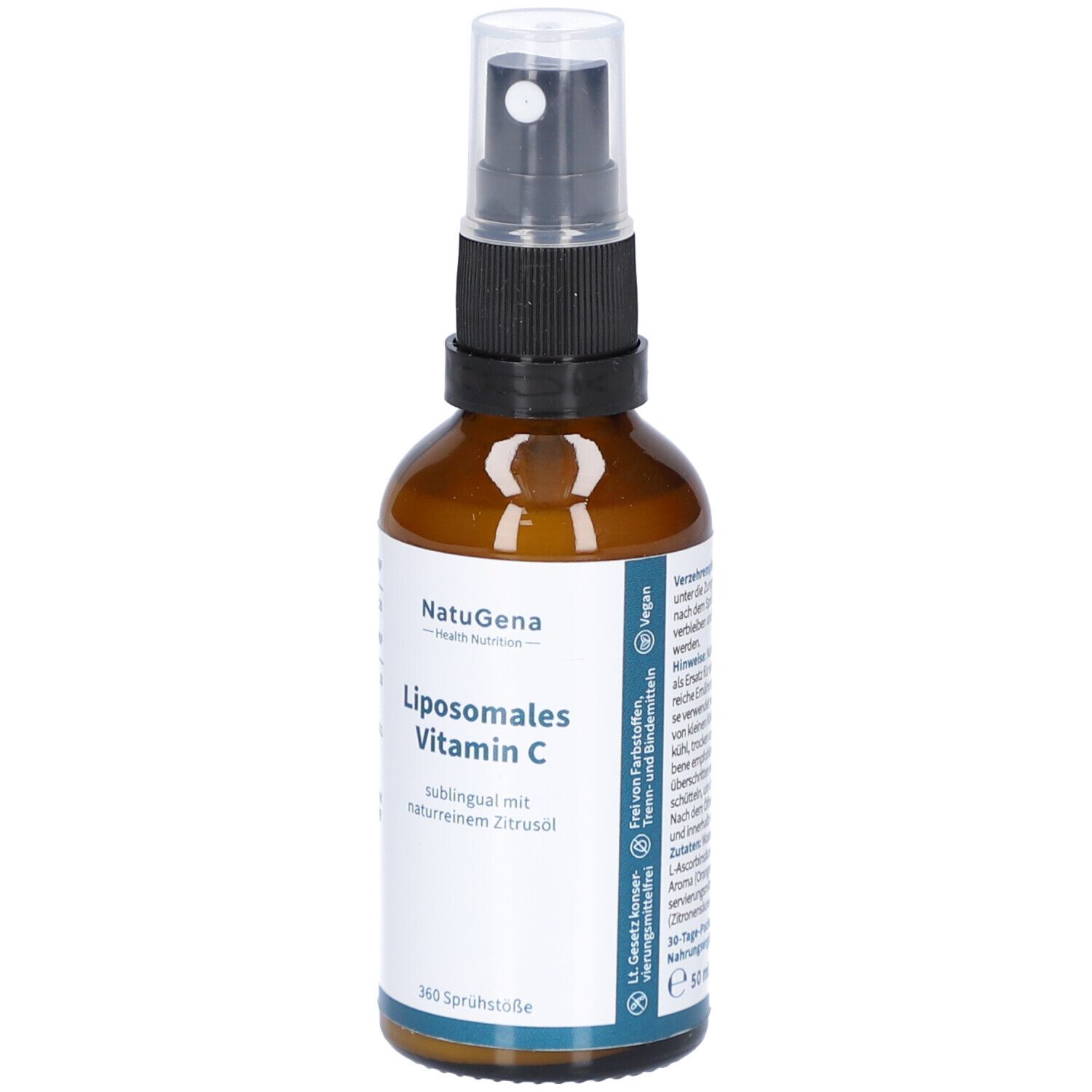 Braune Glasflasche mit Sprühkopf. Beschriftung: NatuGena, Liposomales Vitamin C, 360 Sprühstöße.