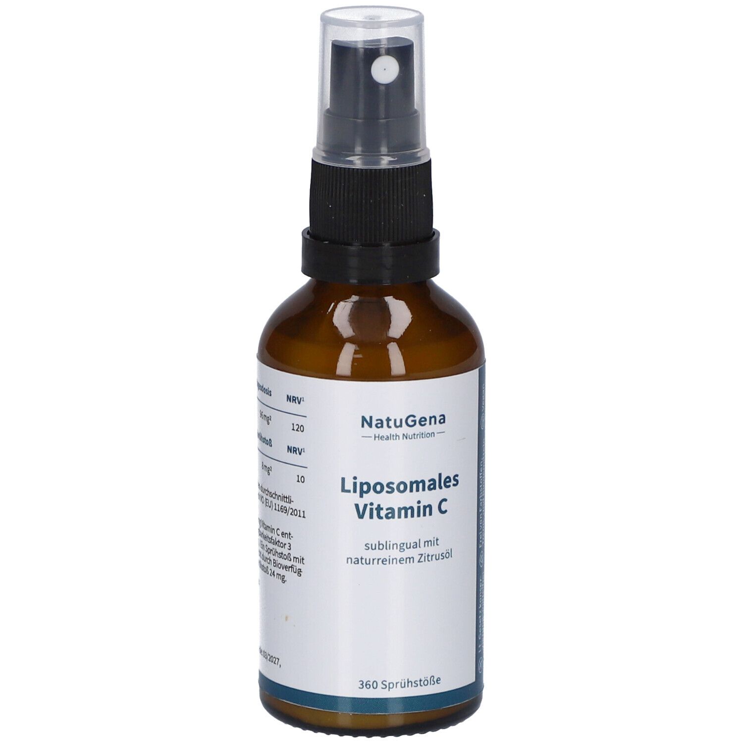Braune Glasflasche mit Sprühkopf. Beschriftung: NatuGena, Liposomales Vitamin C, 360 Sprühstöße.