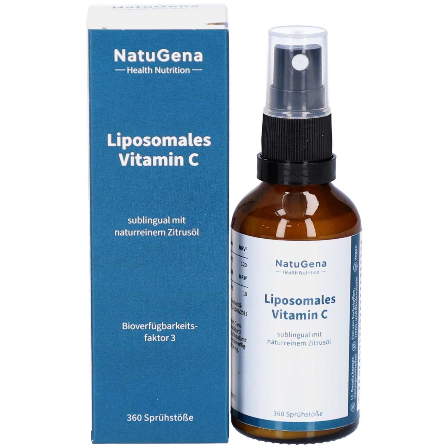 Produkt mit Verpackung. Braune Glasflasche mit Sprühkopf und blauer Schachtel. Beschriftung: NatuGena, Liposomales Vitamin C.