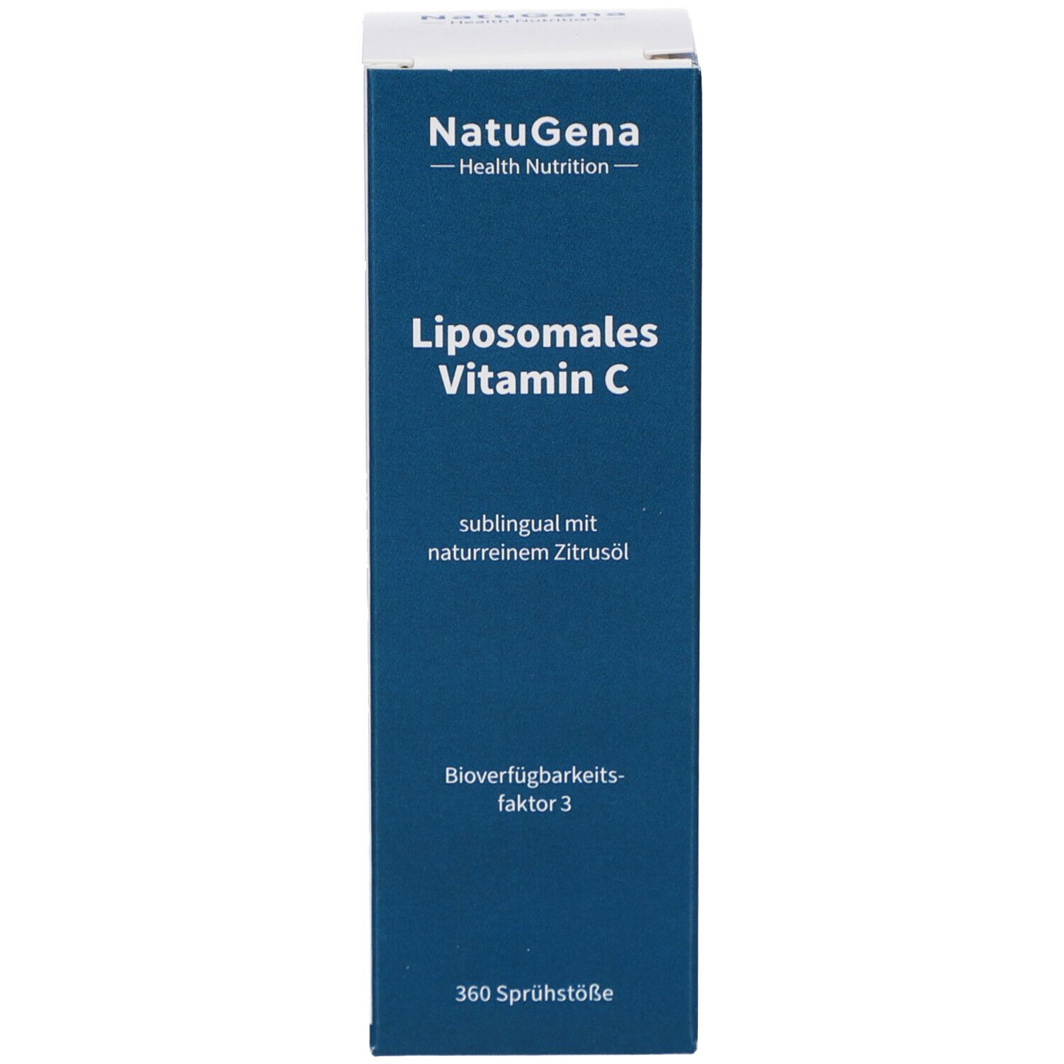 Blaue Schachtel mit Beschriftung: NatuGena, Liposomales Vitamin C, 360 Sprühstöße.