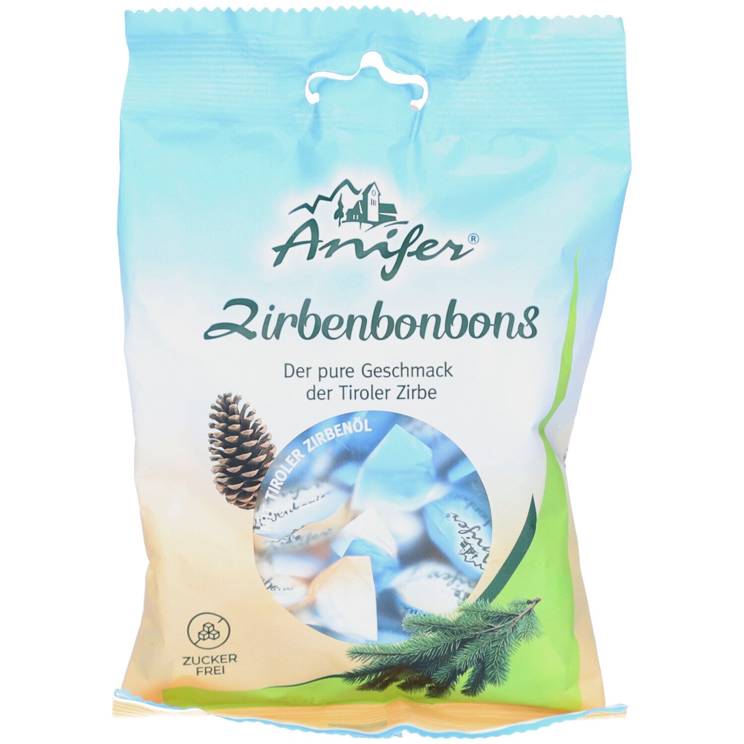 Beutel mit ANIFER Zirbenbonbons. Aufdruck mit Produktname, Zirben-Abbildung und Logo. Zuckerfrei-Hinweis.