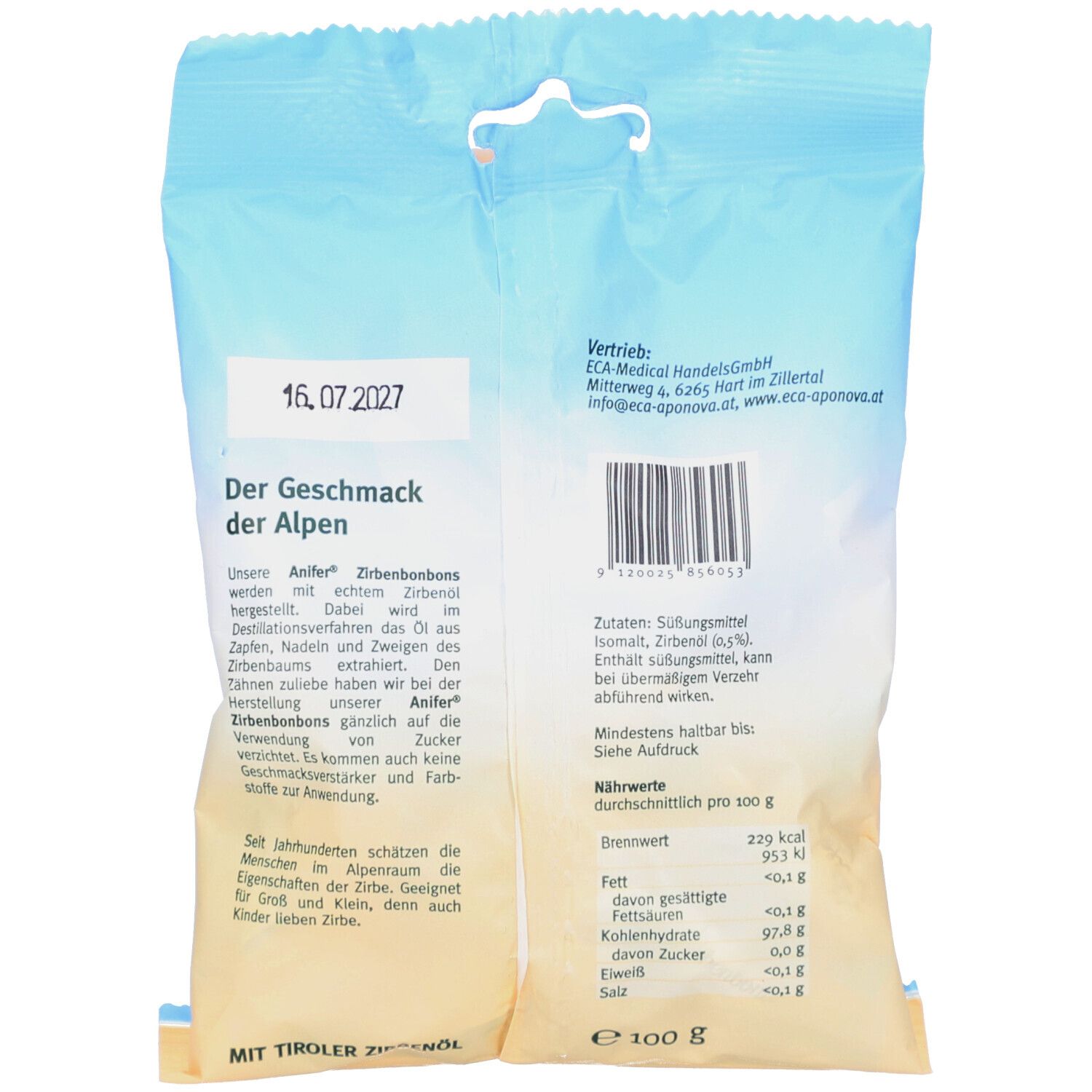 Rückseite der ANIFER Zirbenbonbons-Verpackung. Text mit Produktinformationen, Zutatenliste und Nährwertangaben. Mindesthaltbarkeitsdatum.