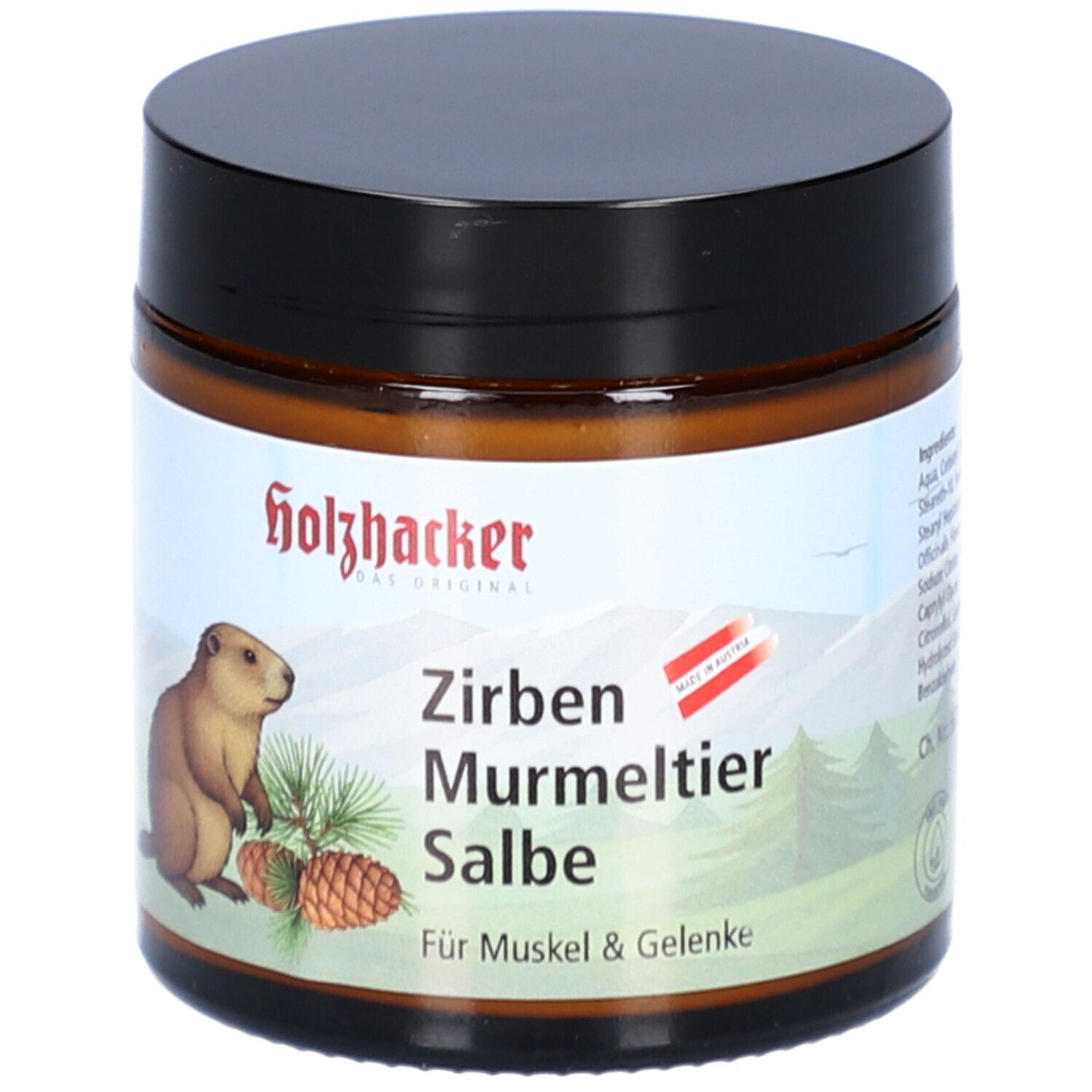 Braunes Glas mit schwarzem Deckel. Aufkleber mit Murmeltier-Illustration und Text: Zirben Murmeltier Salbe.