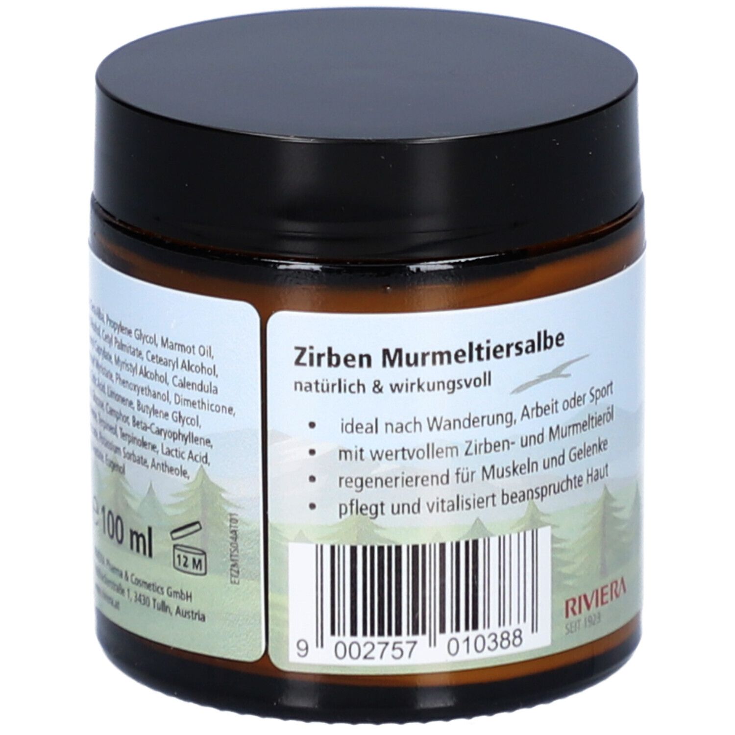Braunes Glas mit schwarzem Deckel. Aufkleber mit Text und Barcode. Text: Zirben Murmeltiersalbe, 100 ml.