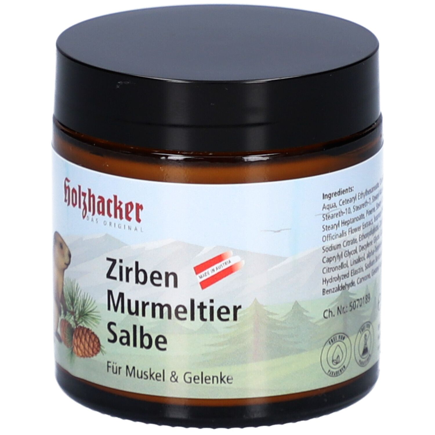 Braunes Glas mit schwarzem Deckel. Aufkleber mit Murmeltier-Illustration und Text: Zirben Murmeltier Salbe.