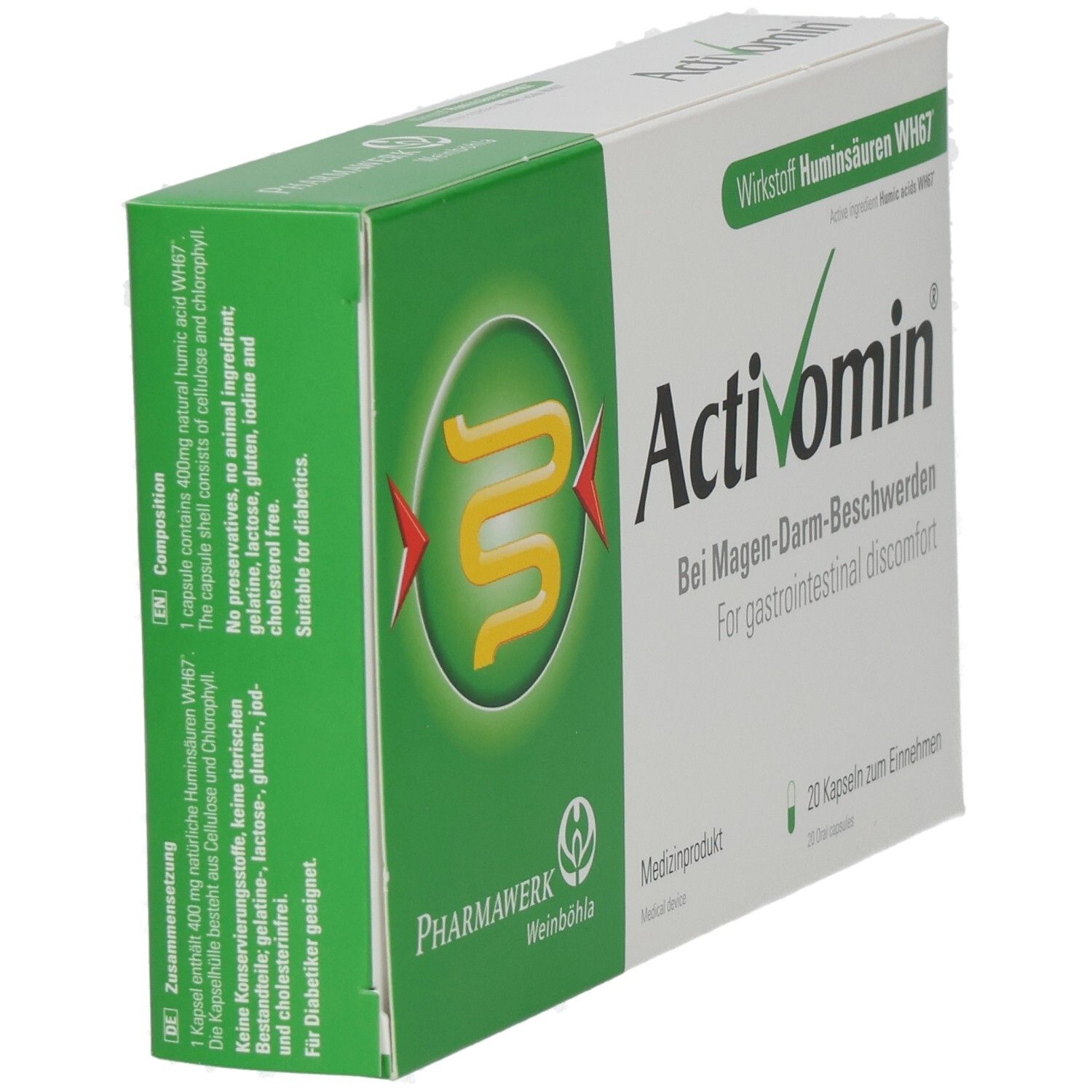 Schachtel Activomin, weiß und grün. Enthält 20 Kapseln. Text: Bei Magen-Darm-Beschwerden. Pharmawerk Weinböhla.