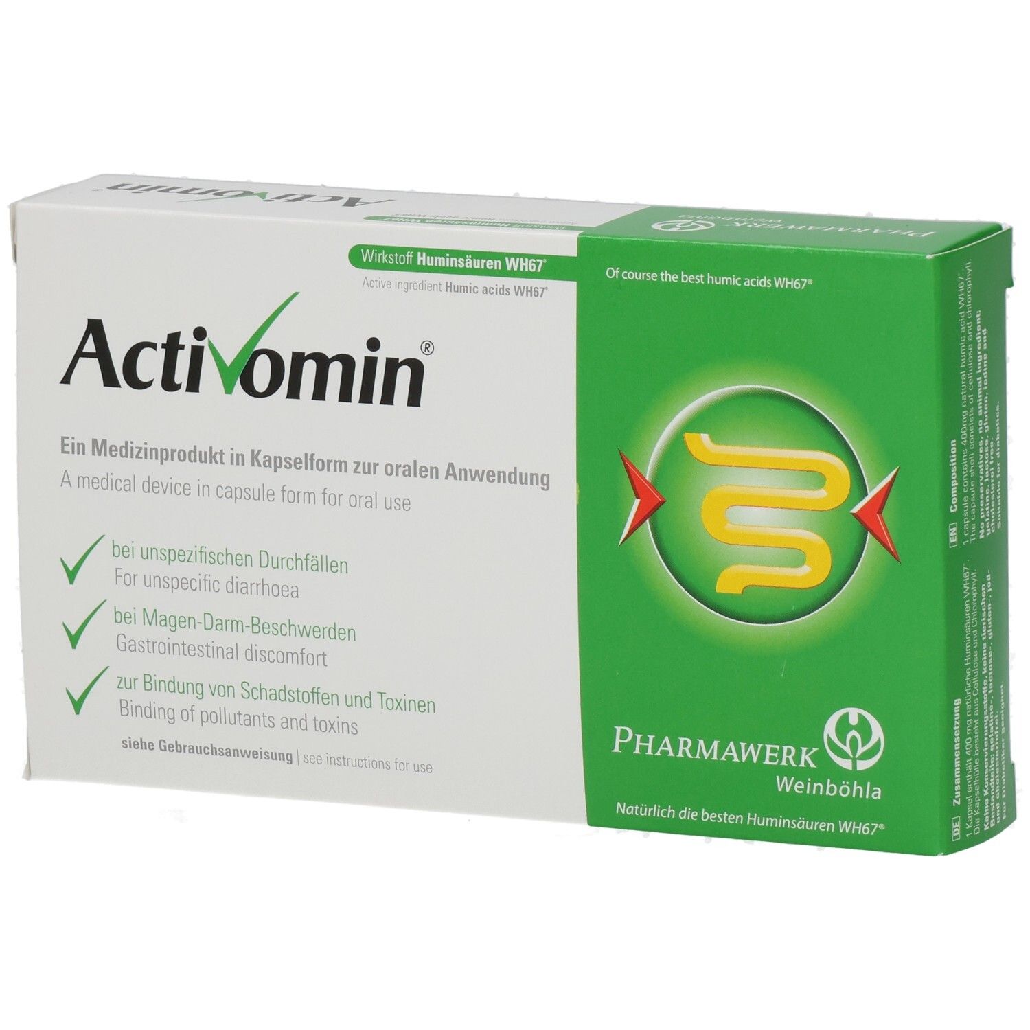 Activomin-Schachtel, weiß und grün. Text: Medizinprodukt in Kapselform. Pharmawerk Weinböhla. Enthält 20 Kapseln.
