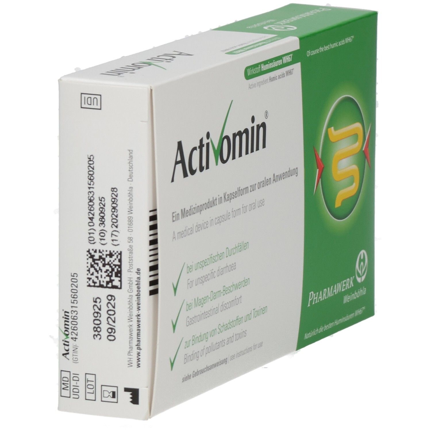 Activomin-Schachtel, weiß und grün. Text: Medizinprodukt in Kapselform. Pharmawerk Weinböhla. Mit Barcode und Verfallsdatum.