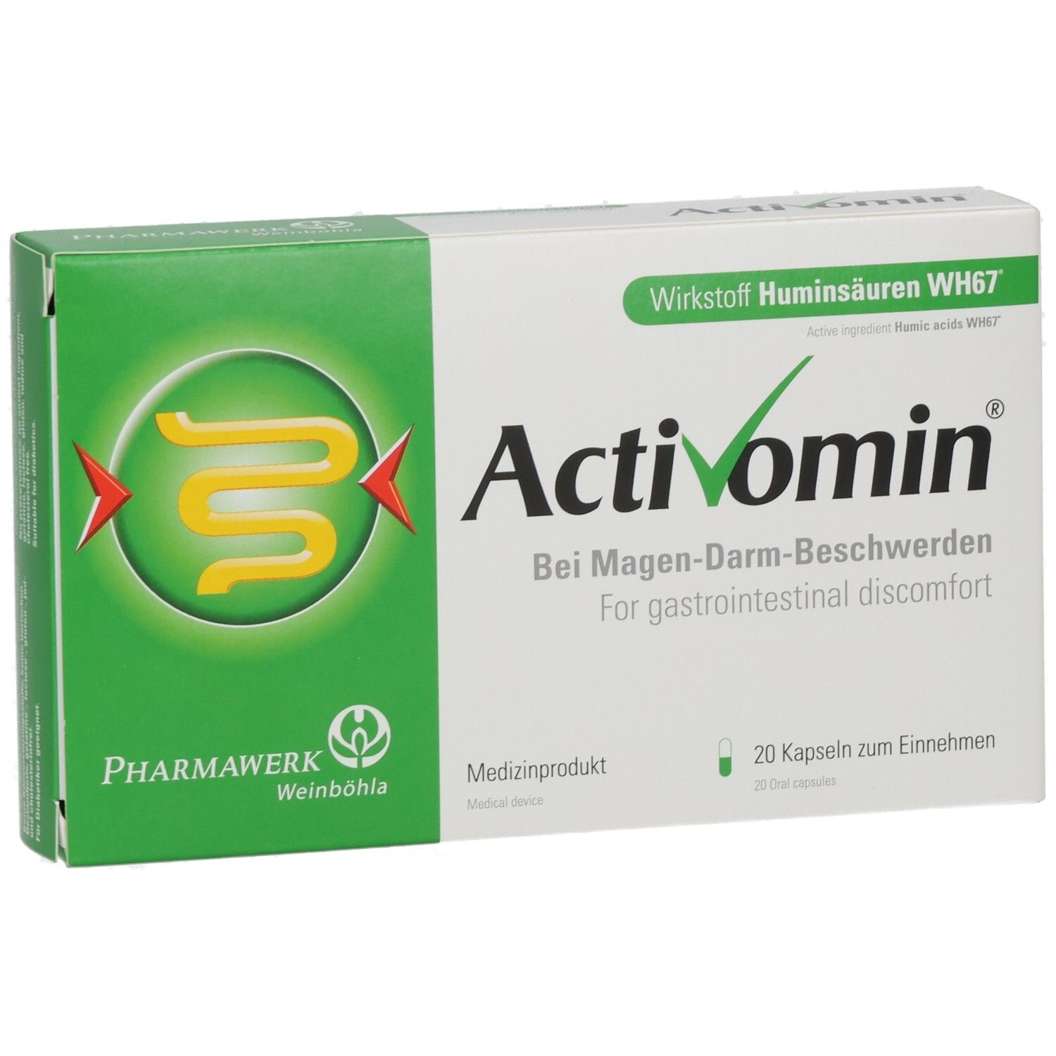Weiße und grüne Schachtel mit Activomin-Logo und Text. Enthält 20 Kapseln. Pharmawerk Weinböhla.