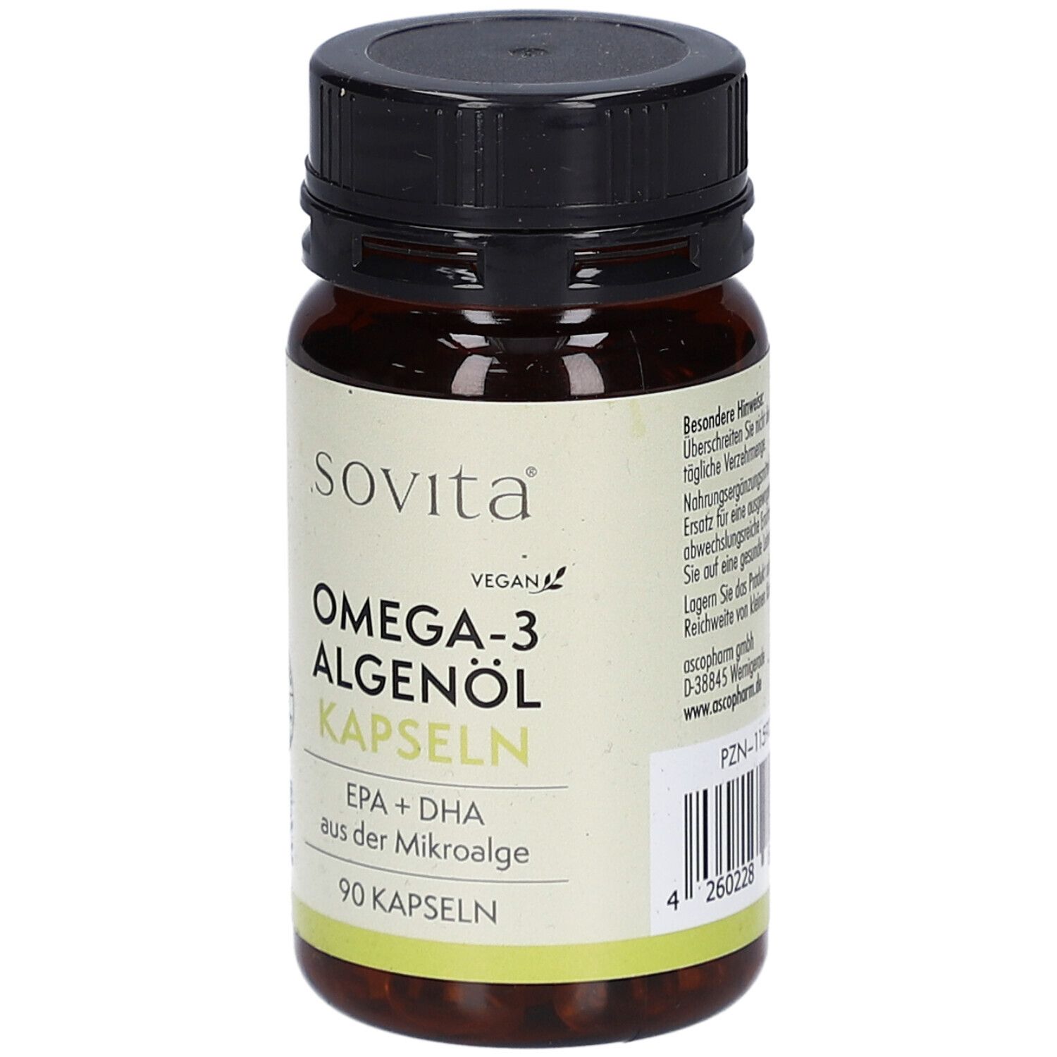 Braune Flasche mit schwarzen Deckel. Aufschrift: Sovita Omega-3 Algenöl Kapseln. 90 Kapseln. Vegan.