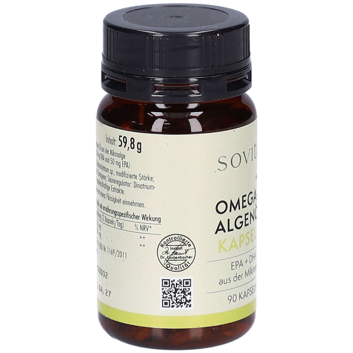 Rückseite der Flasche. Aufschrift: Sovita Omega-3 Algenöl Kapseln. Inhaltsangaben. Kontrollierte Qualität.