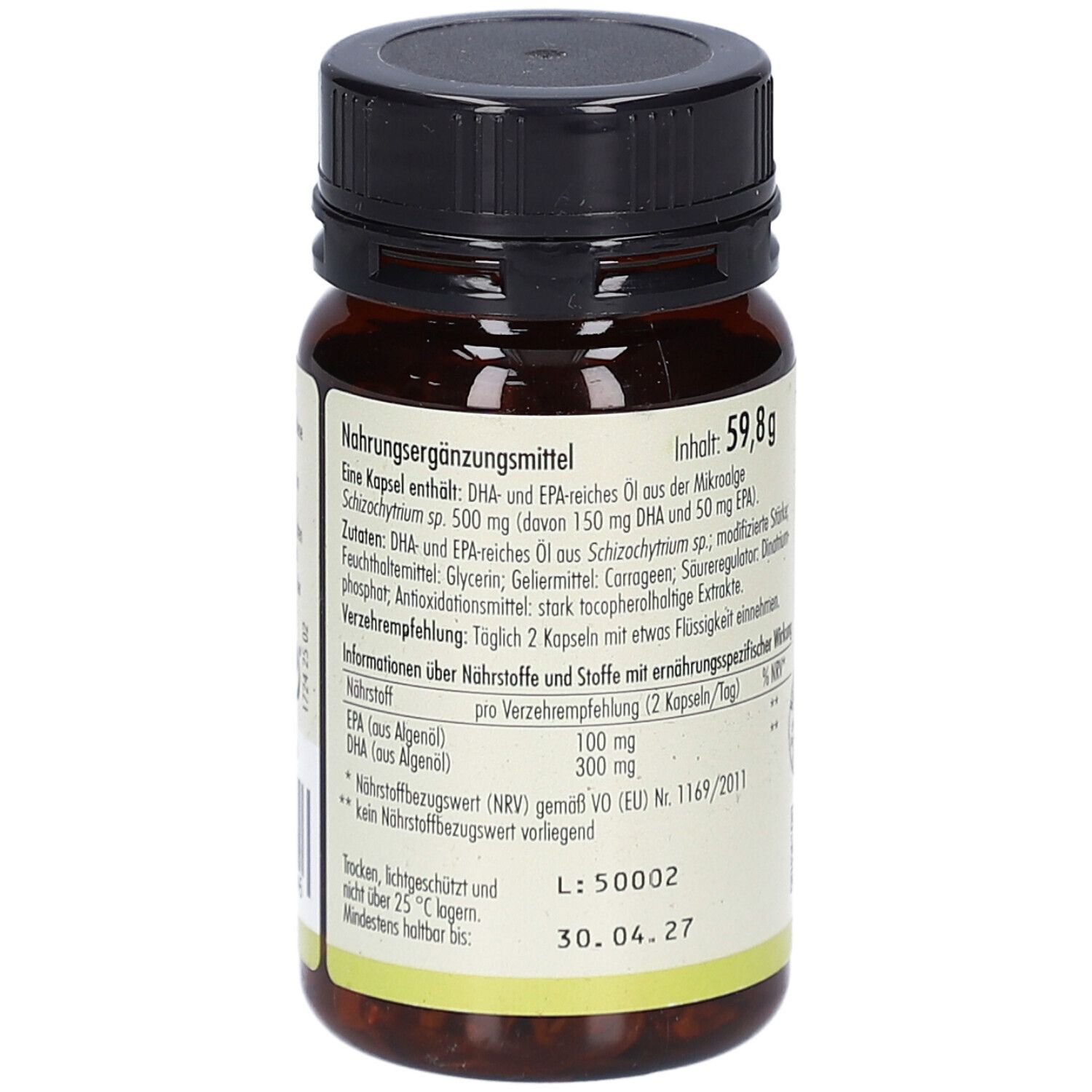 Rückseite der Flasche. Aufschrift: Sovita Omega-3 Algenöl Kapseln. Nährwertangaben. Inhalt 59,8g.