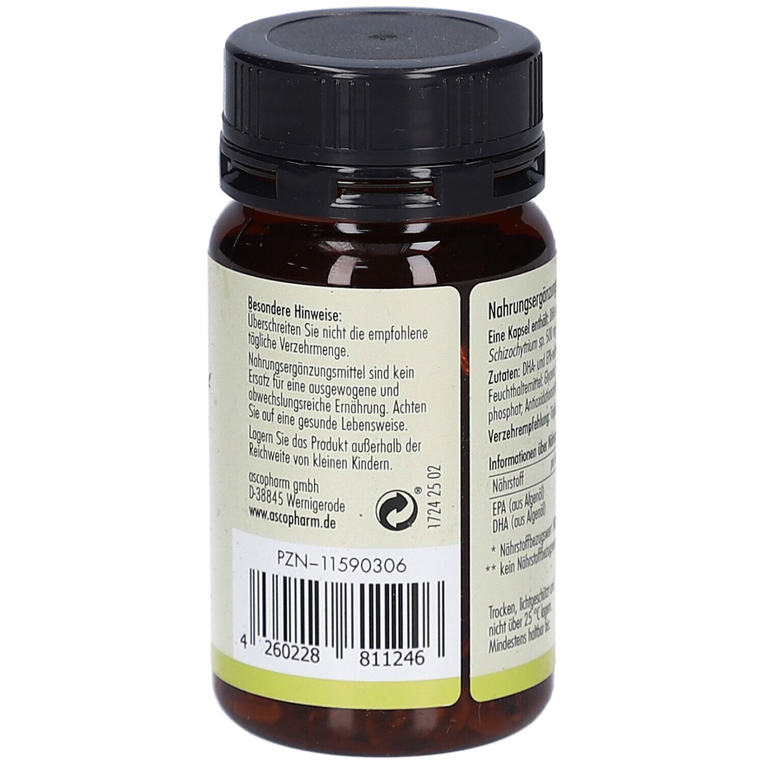 Rückseite der Flasche. Aufschrift: Sovita Omega-3 Algenöl Kapseln. Besondere Hinweise. Barcode.