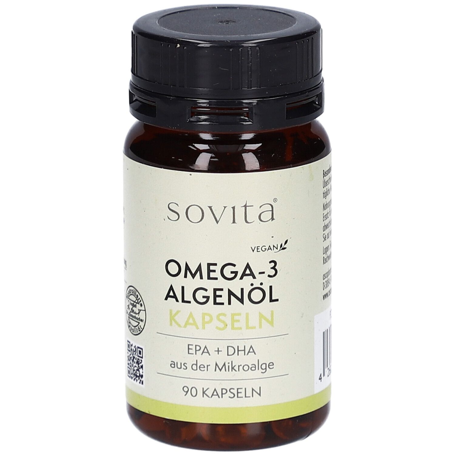 Braune Flasche mit schwarzen Deckel. Aufschrift: Sovita Omega-3 Algenöl Kapseln. 90 Kapseln. Vegan.
