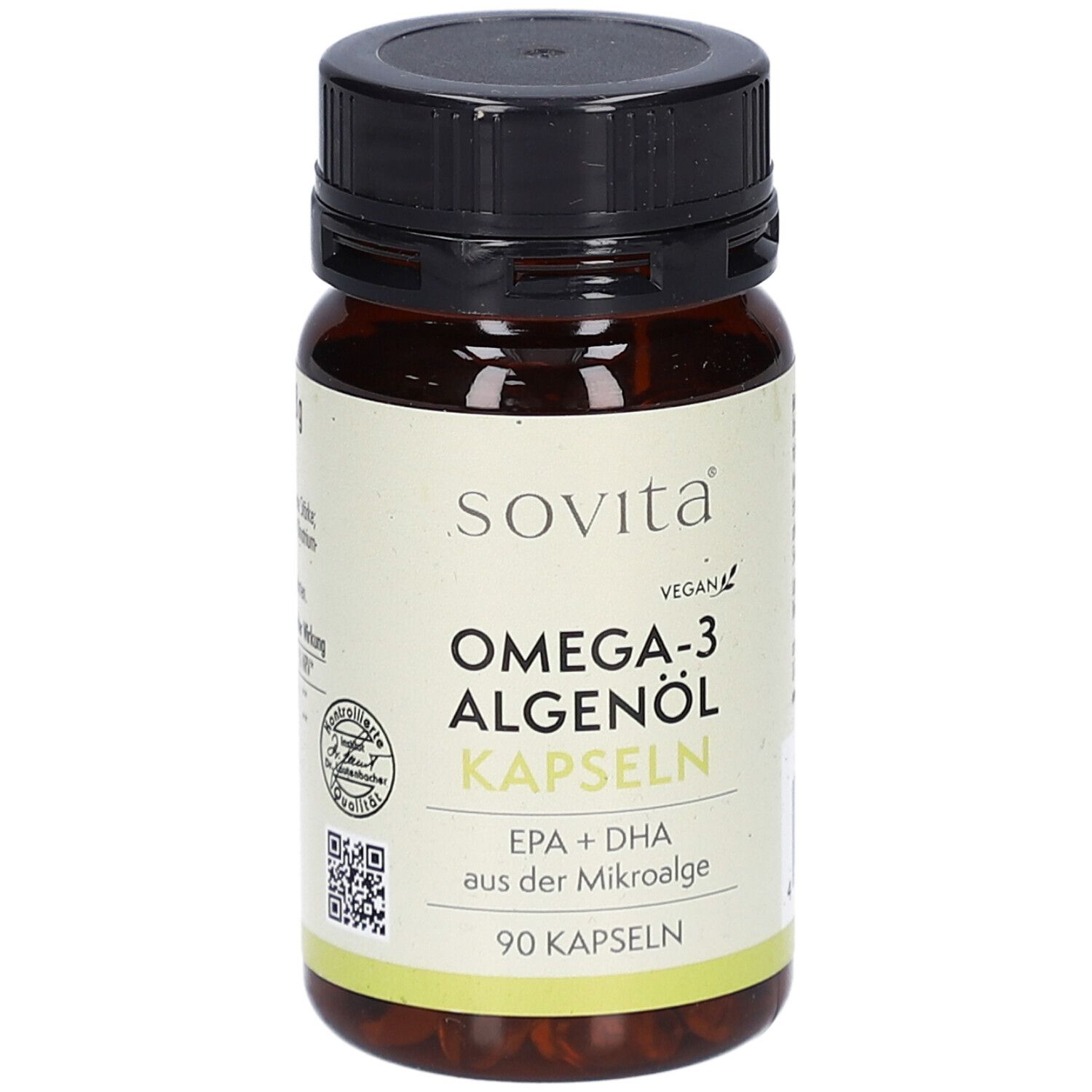 Braune Flasche mit schwarzen Deckel. Aufschrift: Sovita Omega-3 Algenöl Kapseln. 90 Kapseln. Vegan. Qualitätssiegel.