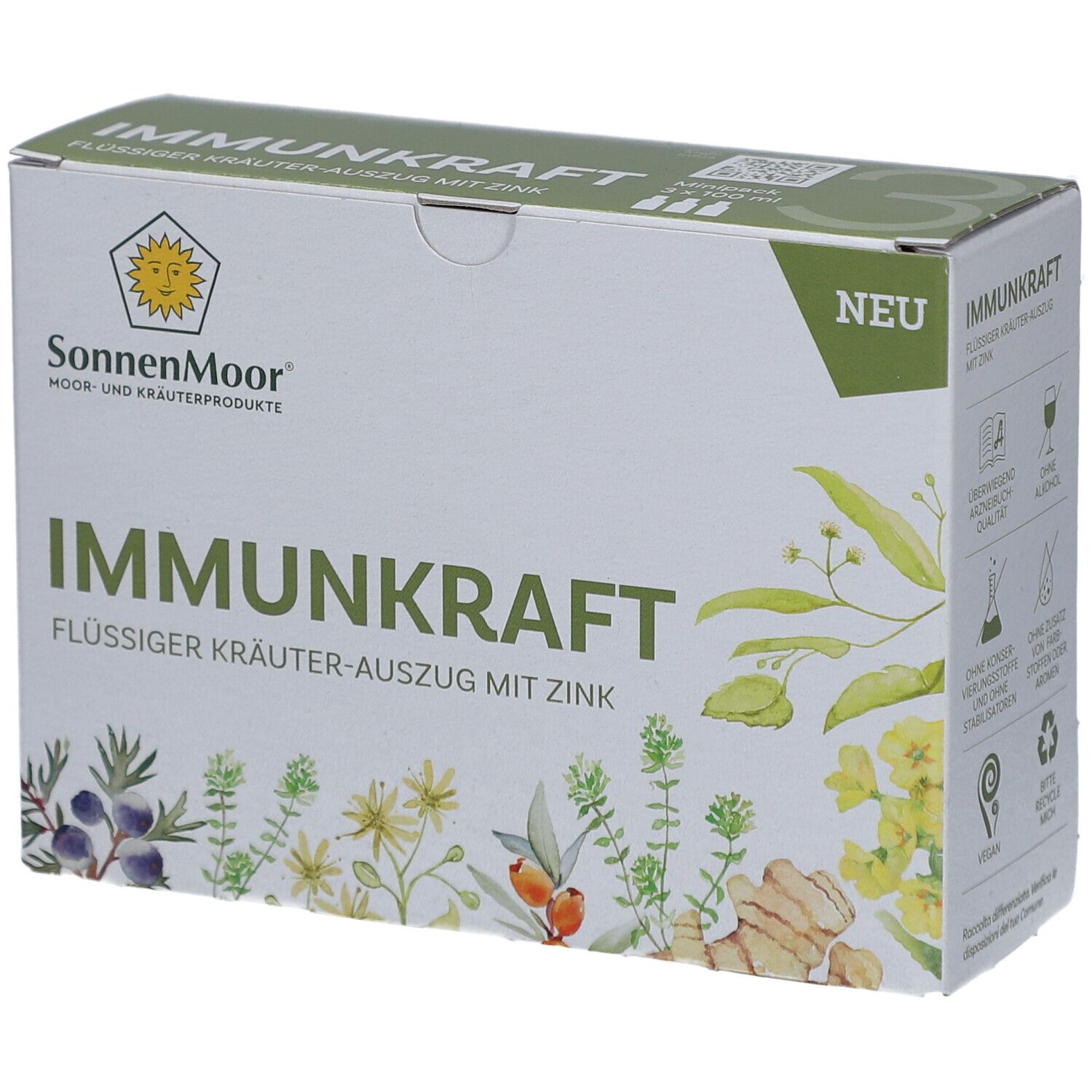 Karton mit SONNENMOOR IMMUNKRAFT. Aufschrift: Flüssiger Kräuterauszug mit Zink. Grün-weiße Verpackung mit Kräuterillustrationen.
