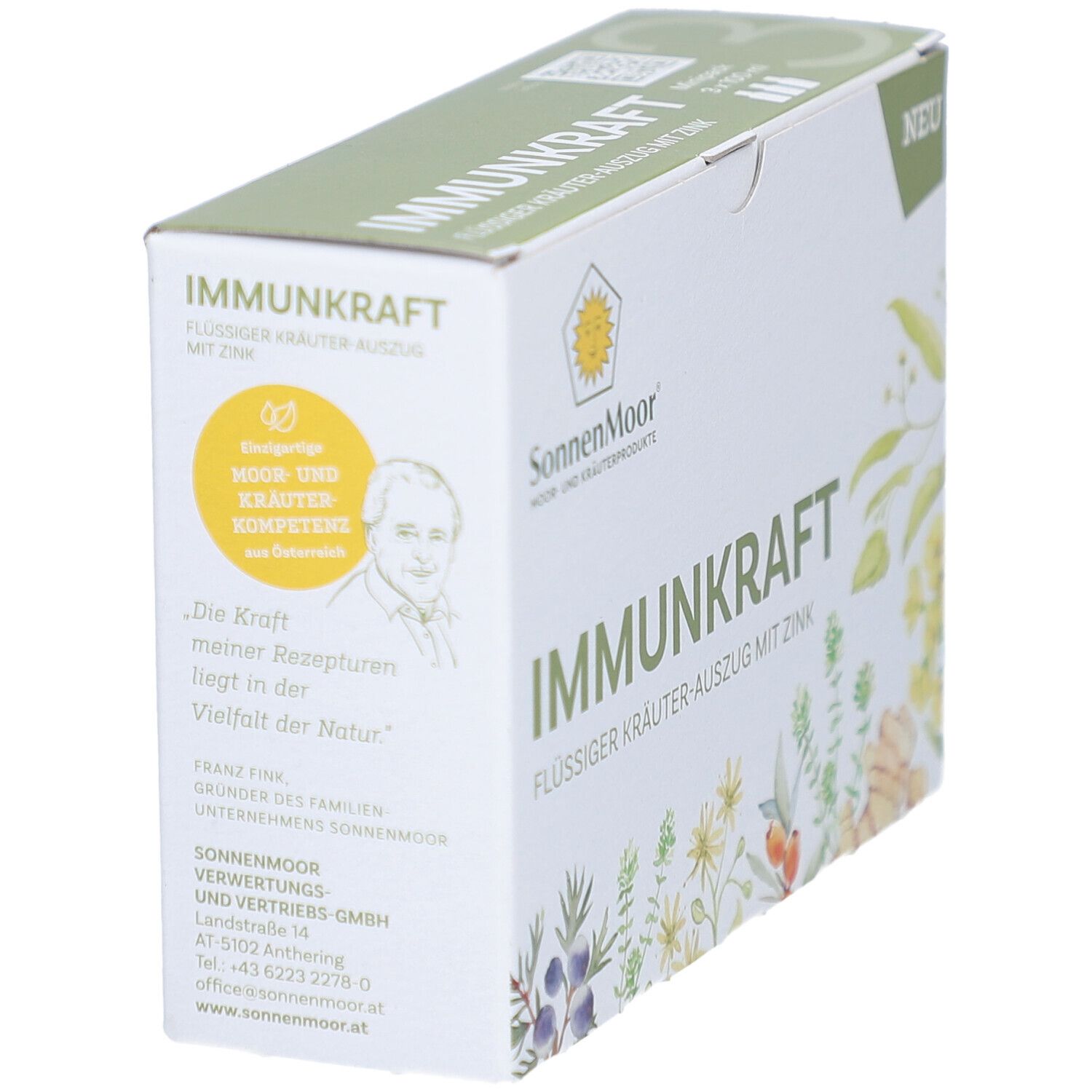 Karton SONNENMOOR IMMUNKRAFT. Aufschrift: Flüssiger Kräuterauszug mit Zink. Logo und Zitat. Grün-weiße Verpackung.