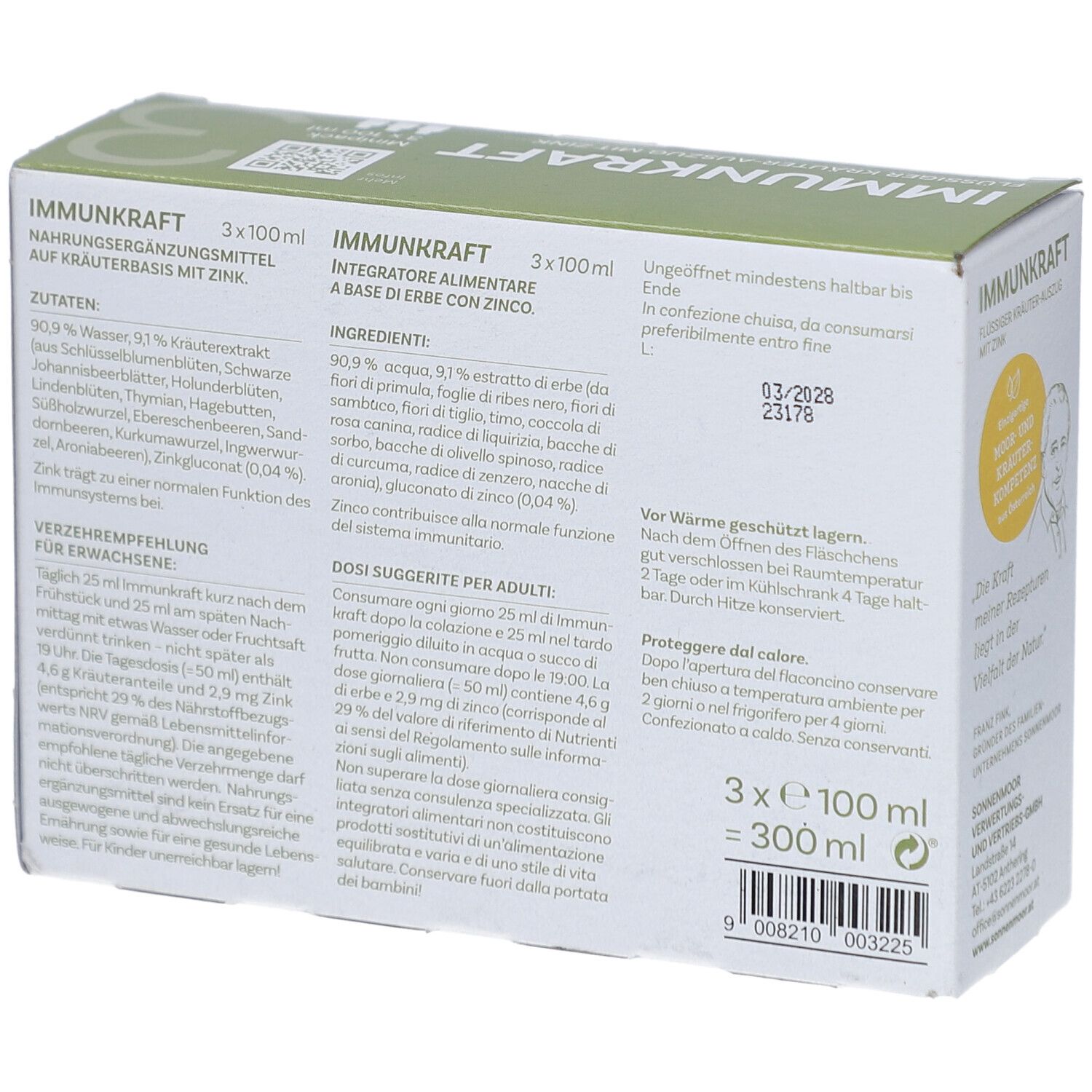 Rückseite der SONNENMOOR IMMUNKRAFT-Verpackung. Informationen zu Inhaltsstoffen, Dosierung und Lagerung. Text in Deutsch und Italienisch.