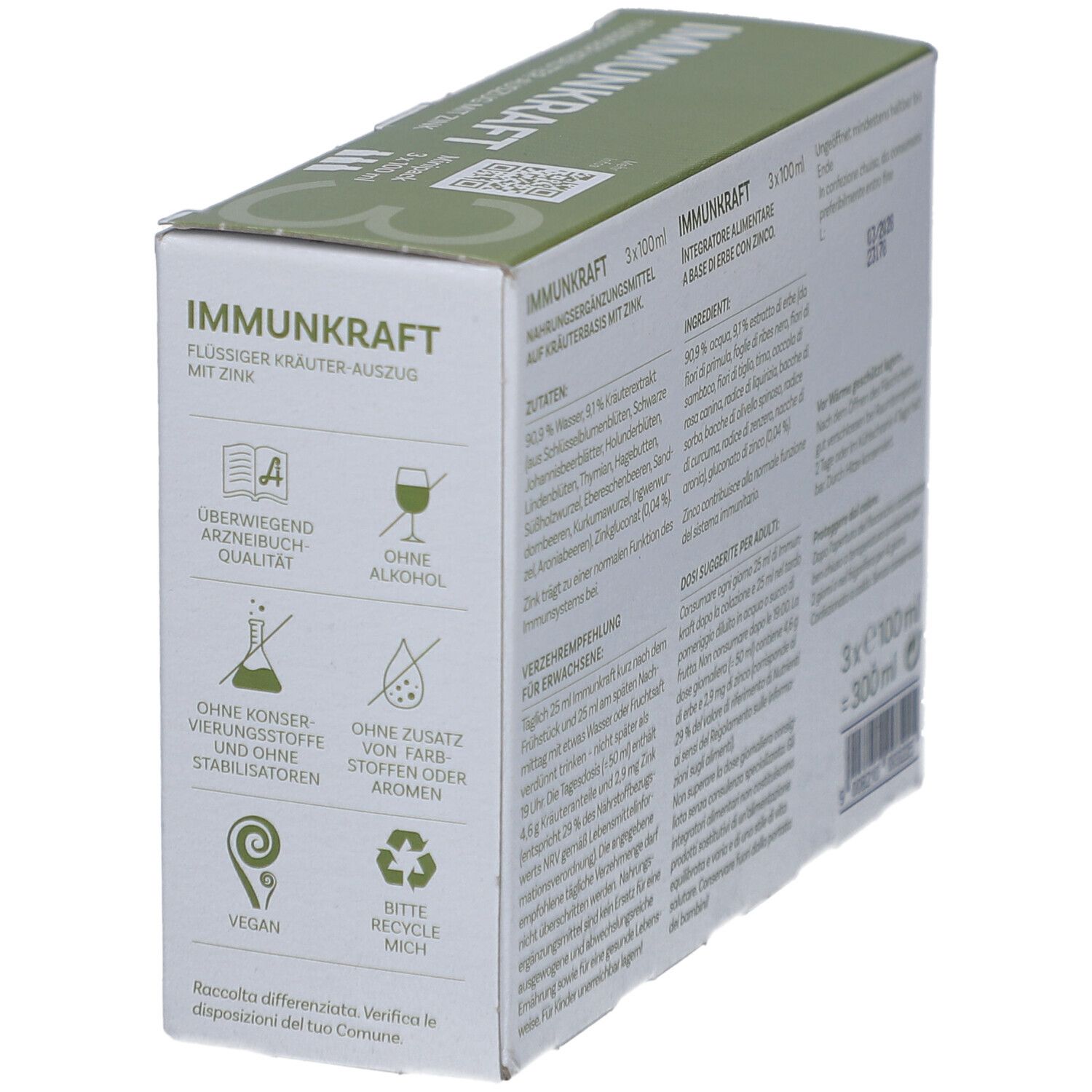 SONNENMOOR IMMUNKRAFT-Verpackung. Aufschrift: Flüssiger Kräuterauszug mit Zink. Symbole für Qualität und Recycling.