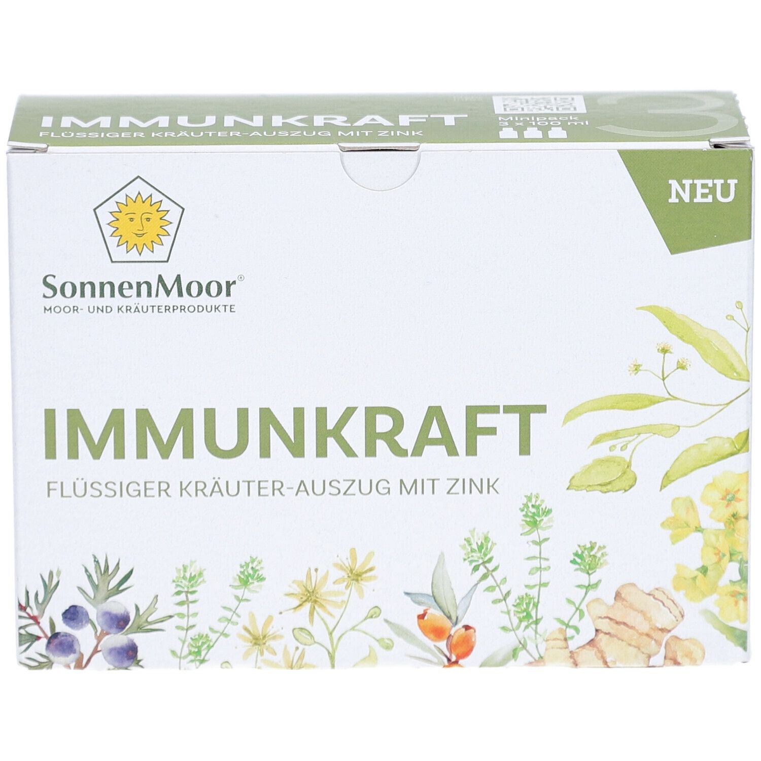 SONNENMOOR IMMUNKRAFT-Karton. Aufschrift: Flüssiger Kräuterauszug mit Zink. Grün-weiße Verpackung mit Kräuterillustrationen.