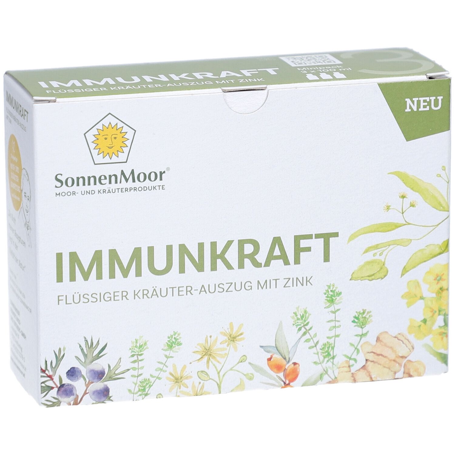 SONNENMOOR IMMUNKRAFT-Karton. Aufschrift: Flüssiger Kräuterauszug mit Zink. Grün-weiße Verpackung mit Kräuterillustrationen.