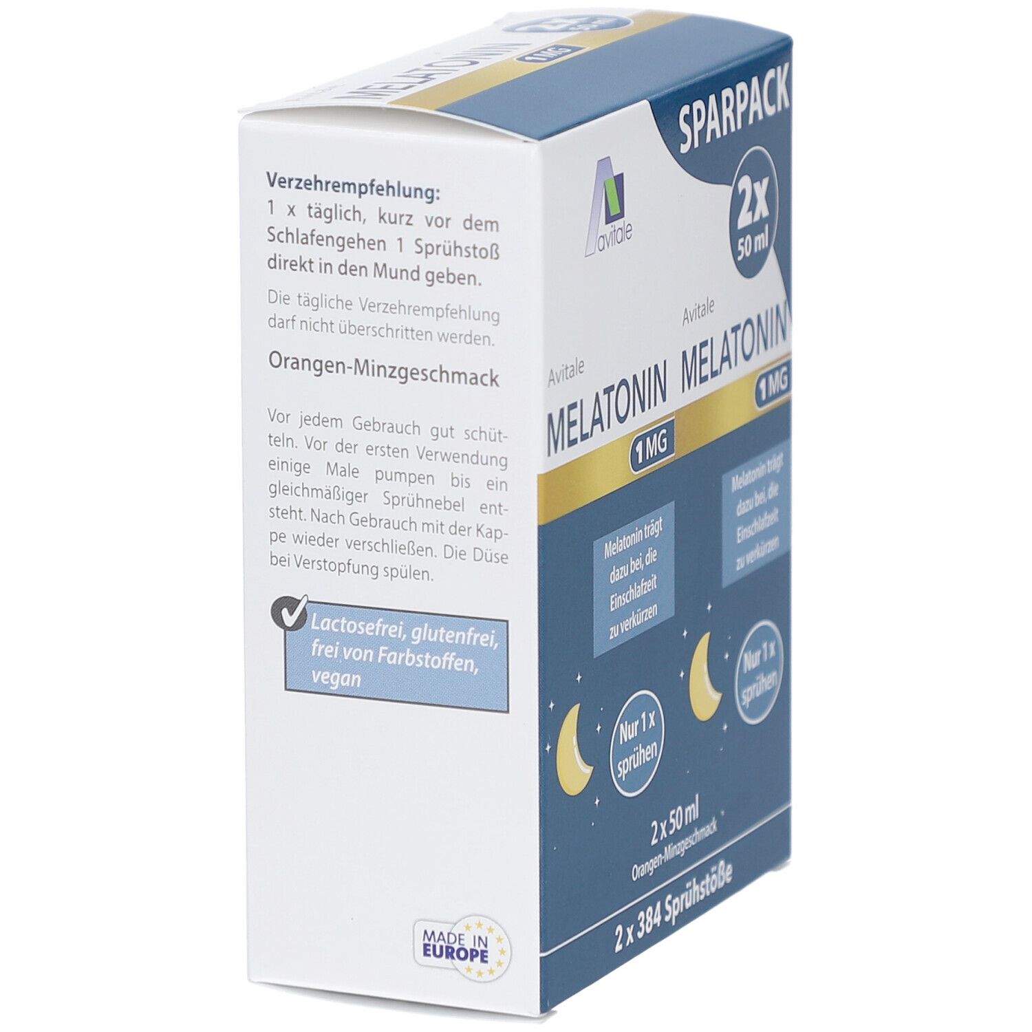 Seitenansicht der Verpackung von Avitale Melatonin Spray. Text: 1x täglich, Orangen-Minzgeschmack, laktosefrei, glutenfrei, farbstoffrei, vegan.