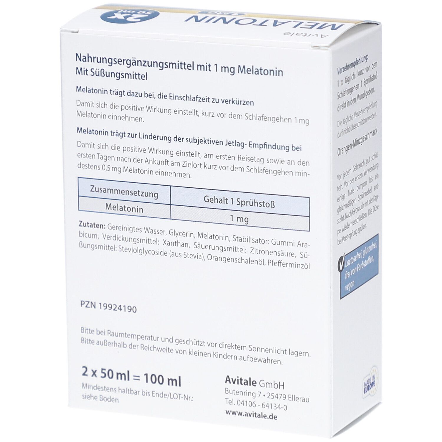 Rückseite der Verpackung von Avitale Melatonin Spray. Text: Nahrungsergänzungsmittel mit 1 mg Melatonin, 2 x 50 ml = 100 ml.