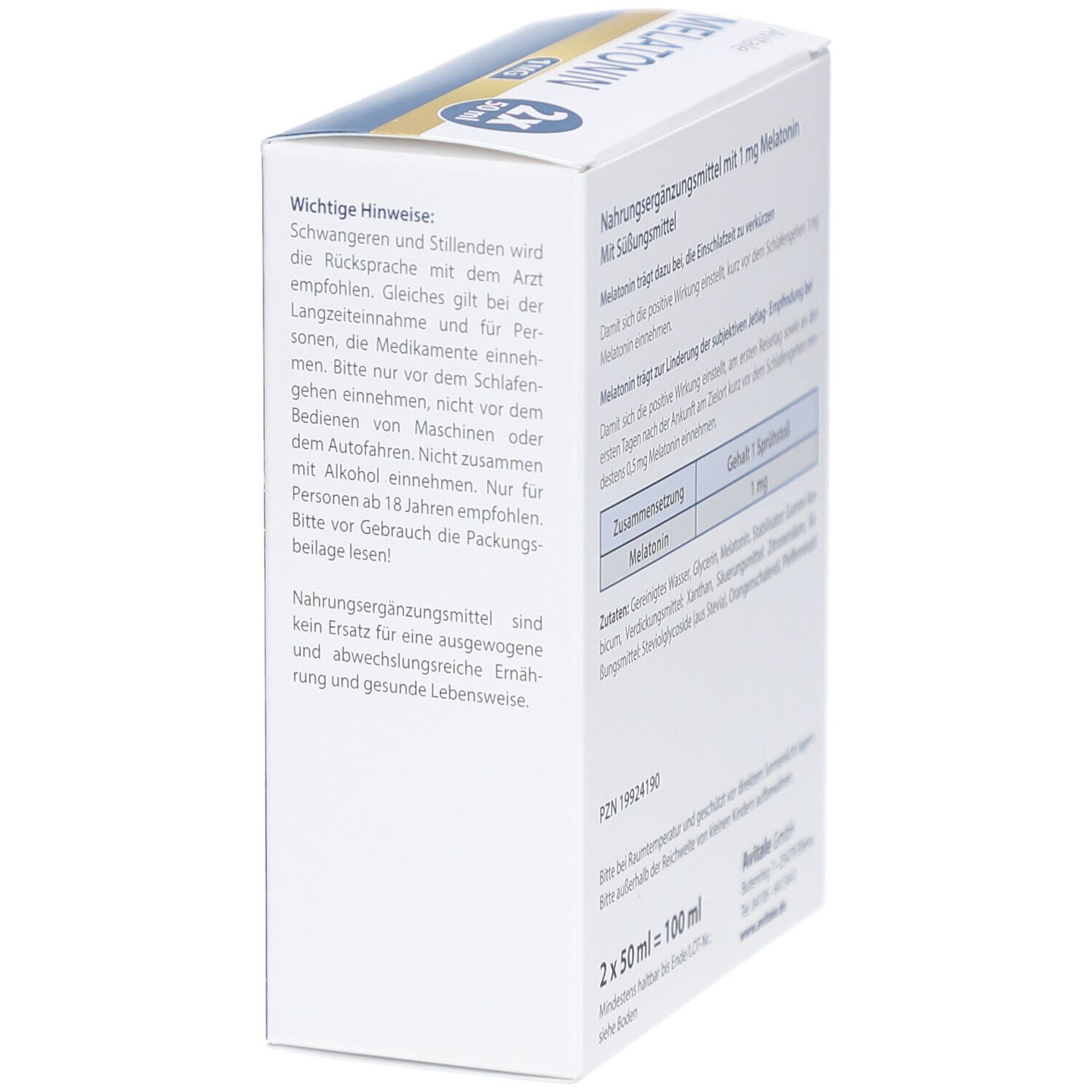 Seite der Verpackung von Avitale Melatonin Spray. Text: Nahrungsergänzungsmittel mit 1 mg Melatonin, 2 x 50 ml = 100 ml.