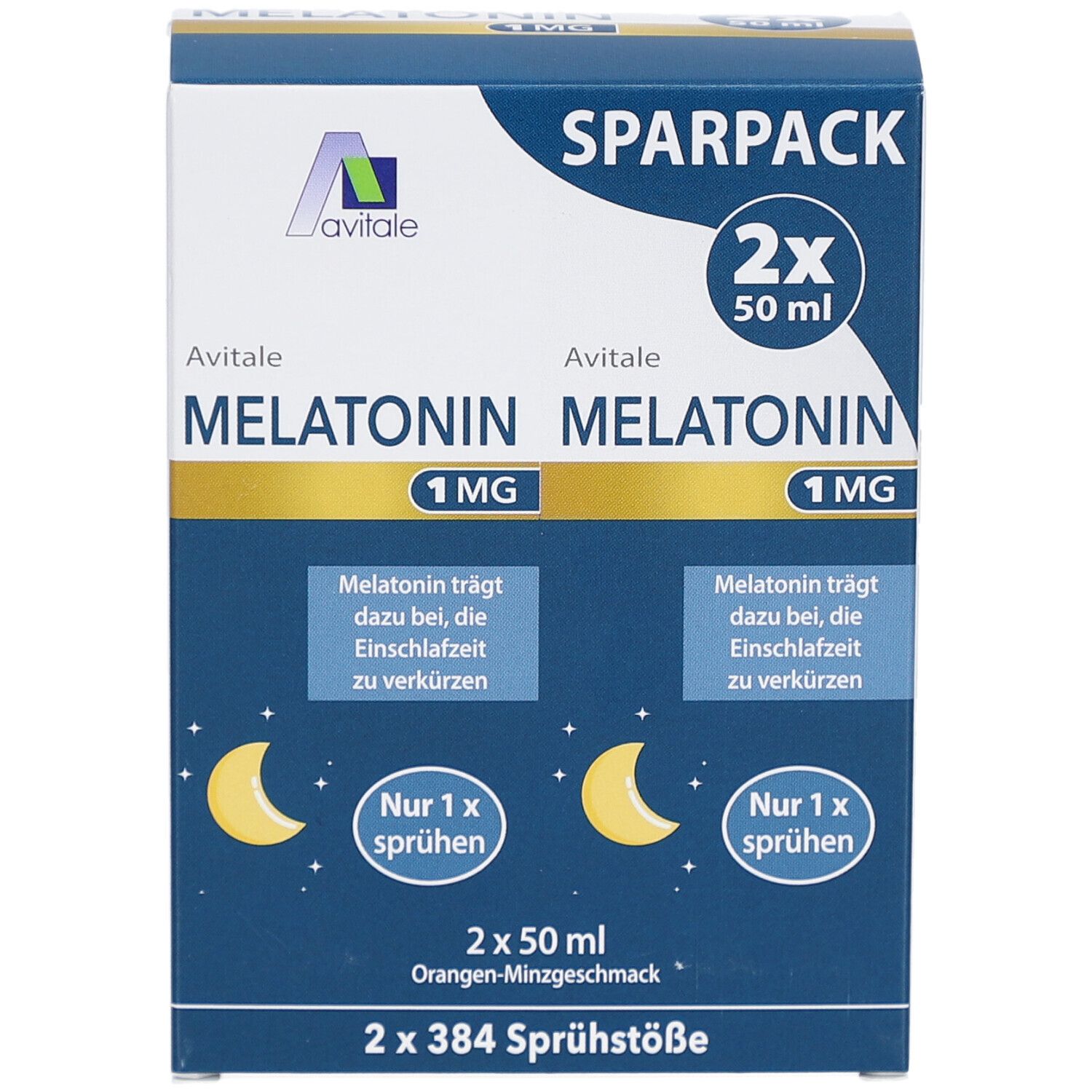 Verpackung von Avitale Melatonin Spray. Enthält 2x50 ml. Text: Melatonin 1 mg, Sparpack, 2x 50 ml, Orangen-Minzgeschmack.