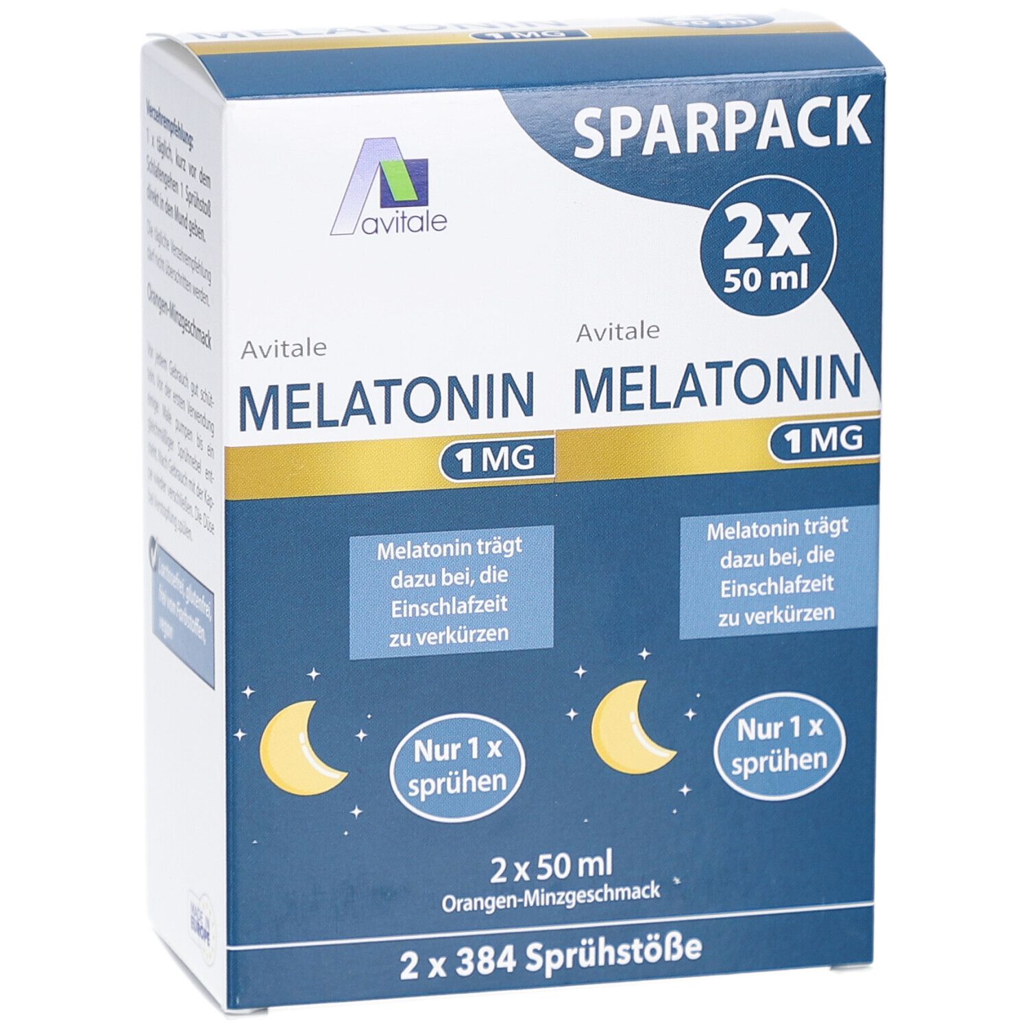 Verpackung von Avitale Melatonin Spray. Enthält 2x50 ml. Text: Melatonin 1 mg, Sparpack, 2x 50 ml, Orangen-Minzgeschmack.