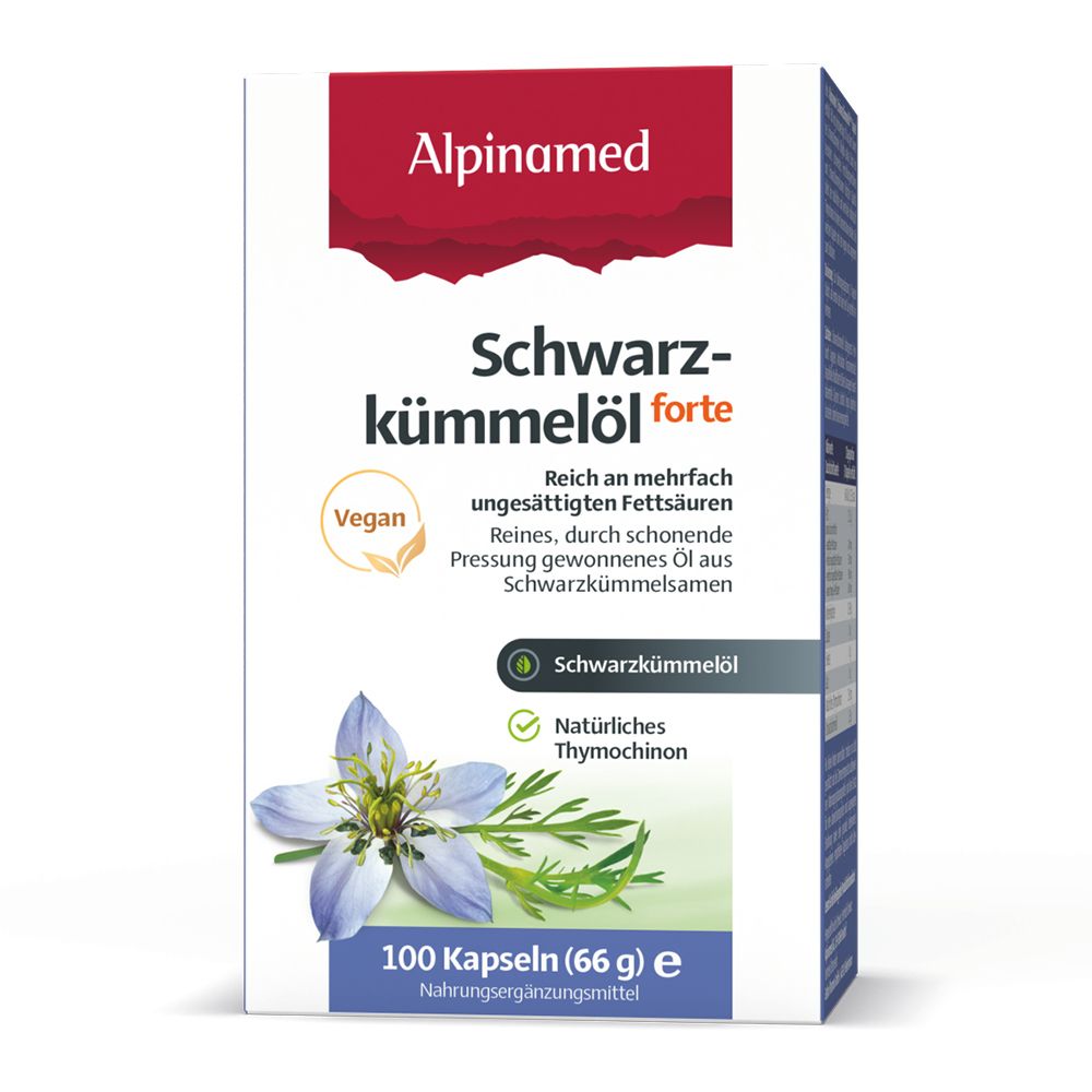 Weißer Karton mit Alpinamed Schwarzkümmelöl forte. Vegan-Siegel. 100 Kapseln. Schwarzkümmelblüte.