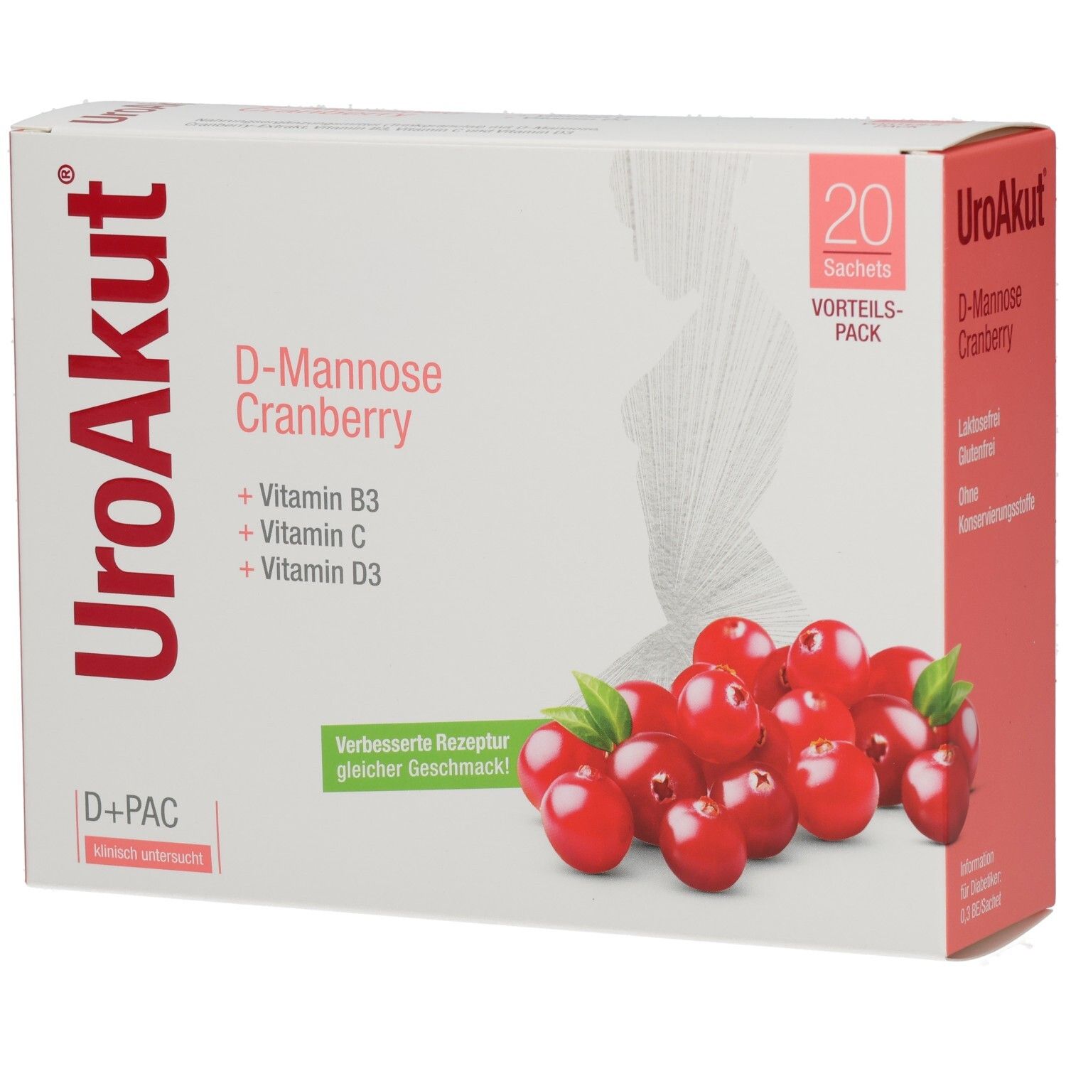 Verpackung von UroAkut. Enthält D-Mannose Cranberry, Vitamin B3, C, D3. 20 Sachets. Abbildung von Cranberrys.