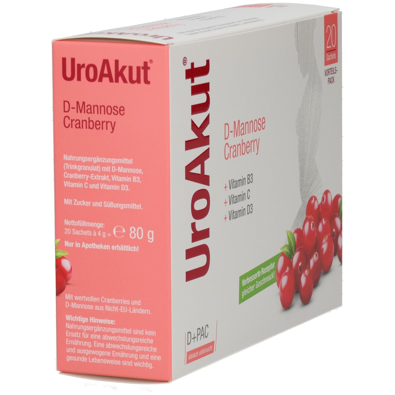 UroAkut-Verpackung. Enthält D-Mannose Cranberry, Vitamin B3, C, D3. 20 Sachets. Cranberry-Abbildung. 80g.