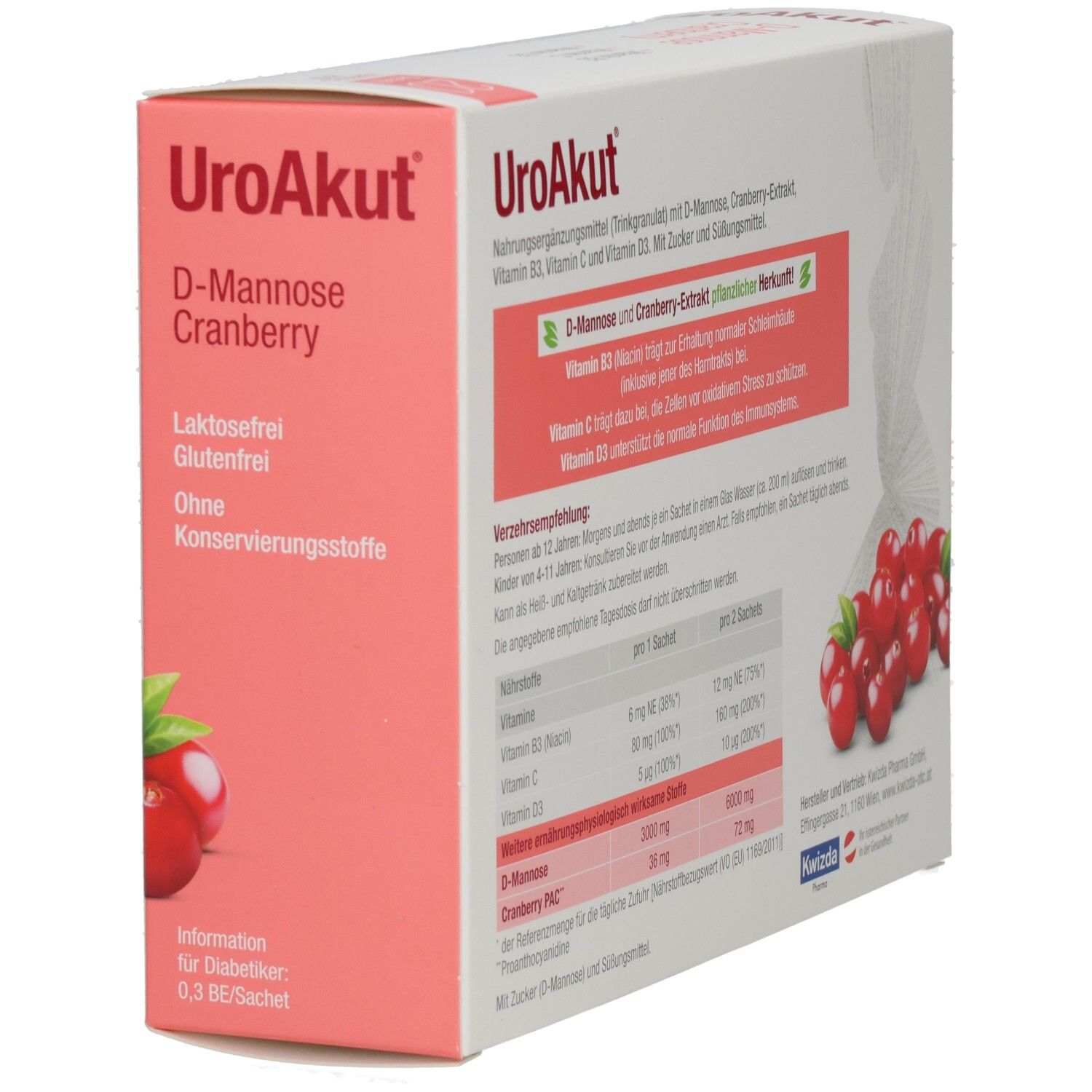 UroAkut-Verpackung. Enthält D-Mannose Cranberry, Vitamin B3, C, D3. Laktosefrei, glutenfrei, ohne Konservierungsstoffe. Cranberry-Abbildung.