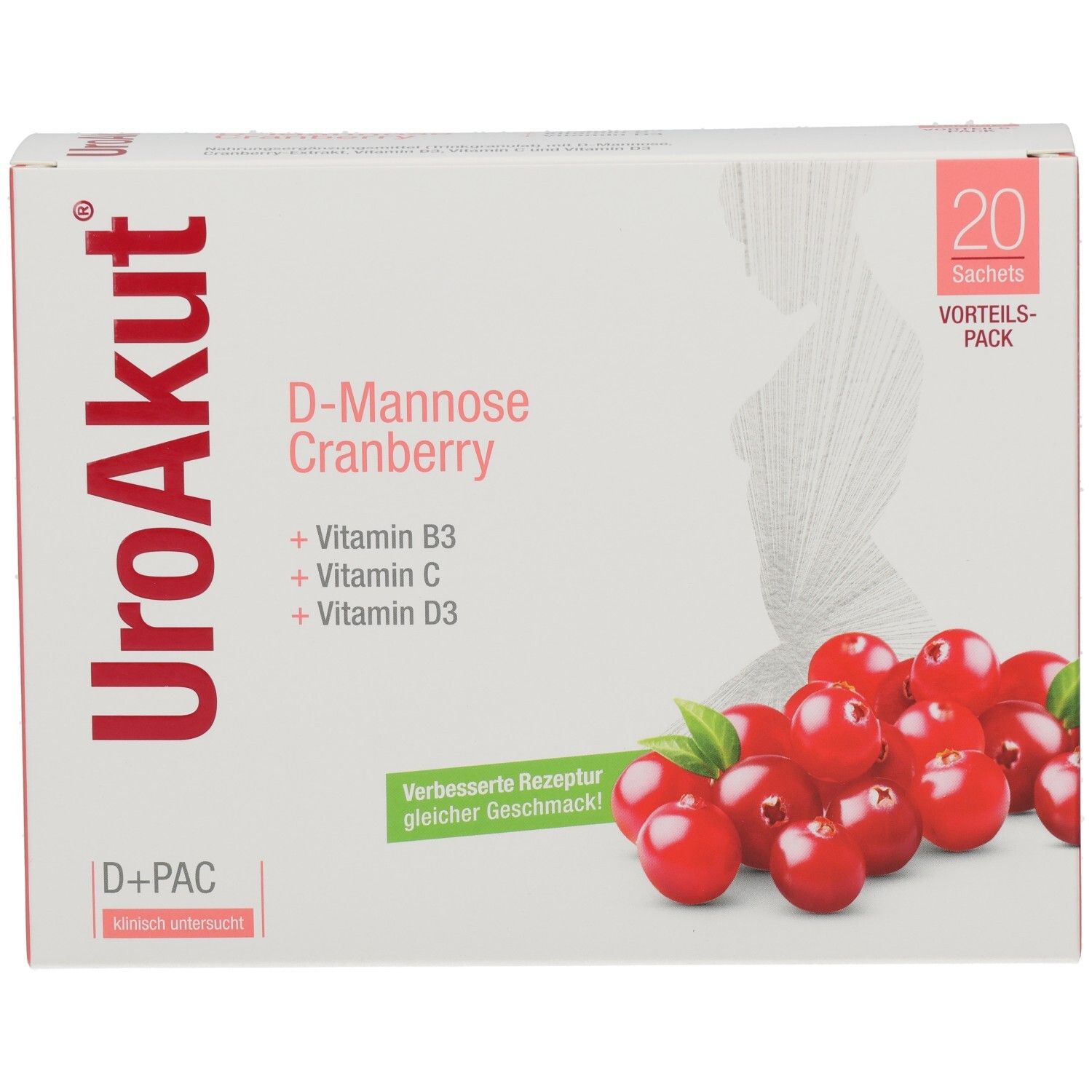 UroAkut-Verpackung. Enthält D-Mannose Cranberry, Vitamin B3, C, D3. 20 Sachets. Abbildung von Cranberrys.
