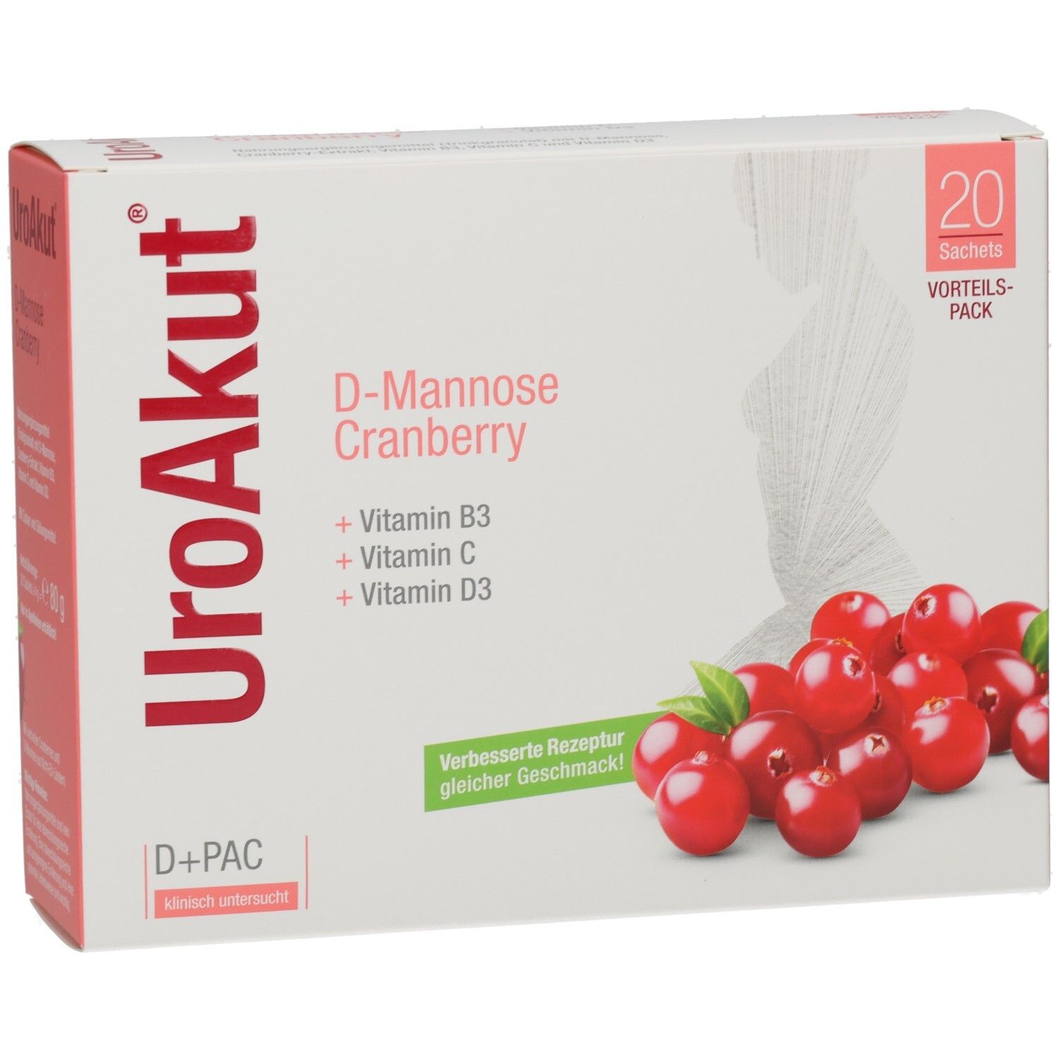 UroAkut-Verpackung. Enthält D-Mannose Cranberry, Vitamin B3, C, D3. 20 Sachets. Abbildung von Cranberrys.