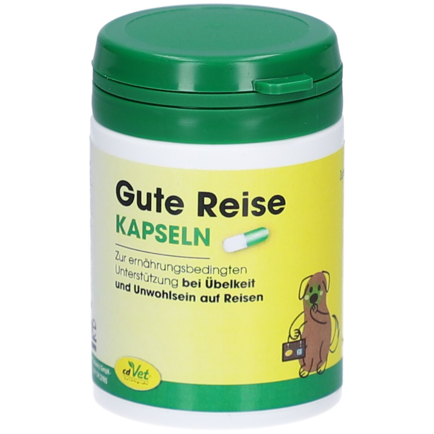Grüne und weiße Dose mit "Gute Reise Kapseln"-Aufschrift. Abbildung einer Kapsel und eines Hundes mit Koffer.