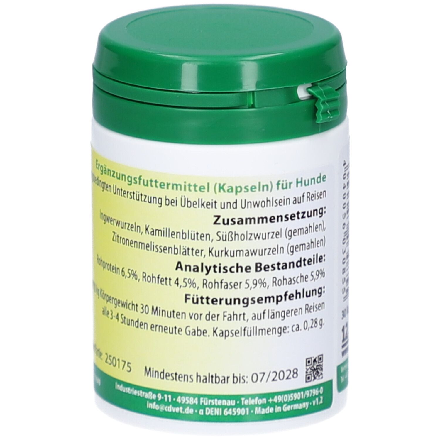 Dose mit Text über Inhaltsstoffe und Fütterungsempfehlung. Mindesthaltbarkeitsdatum: 07/2028.