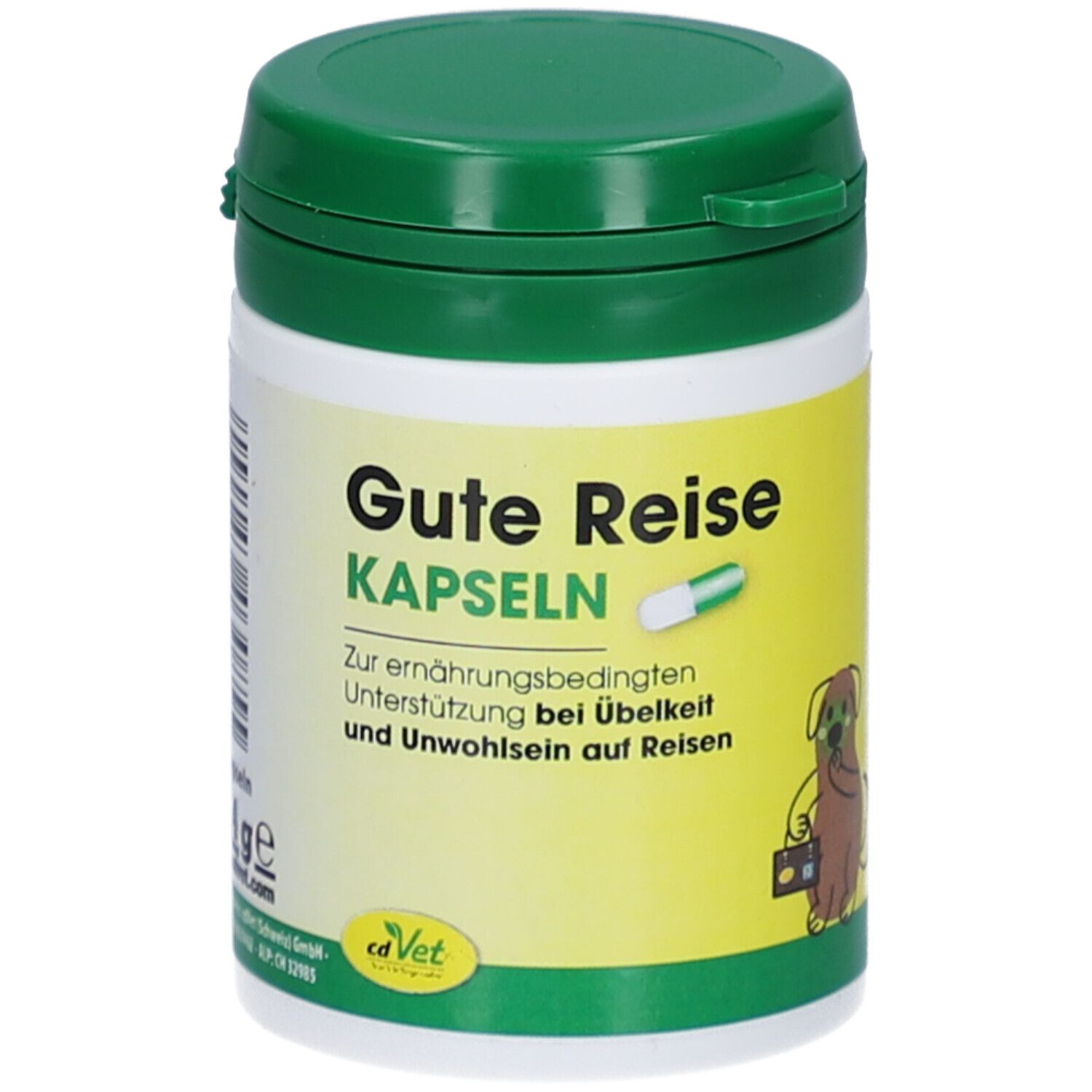Grüne und weiße Dose mit "Gute Reise Kapseln"-Aufschrift. Abbildung einer Kapsel und eines Hundes mit Koffer.