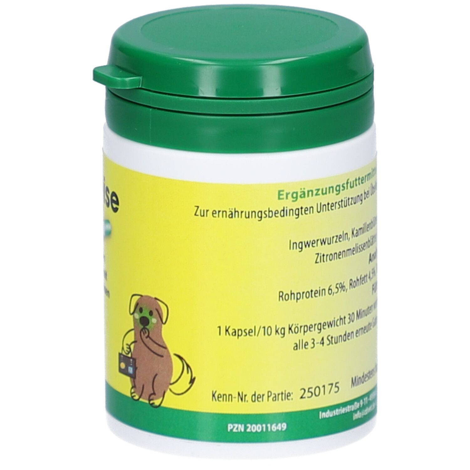 Dose mit Text über Inhaltsstoffe und Fütterungsempfehlung. Kenn-Nr. der Partie: 250175.