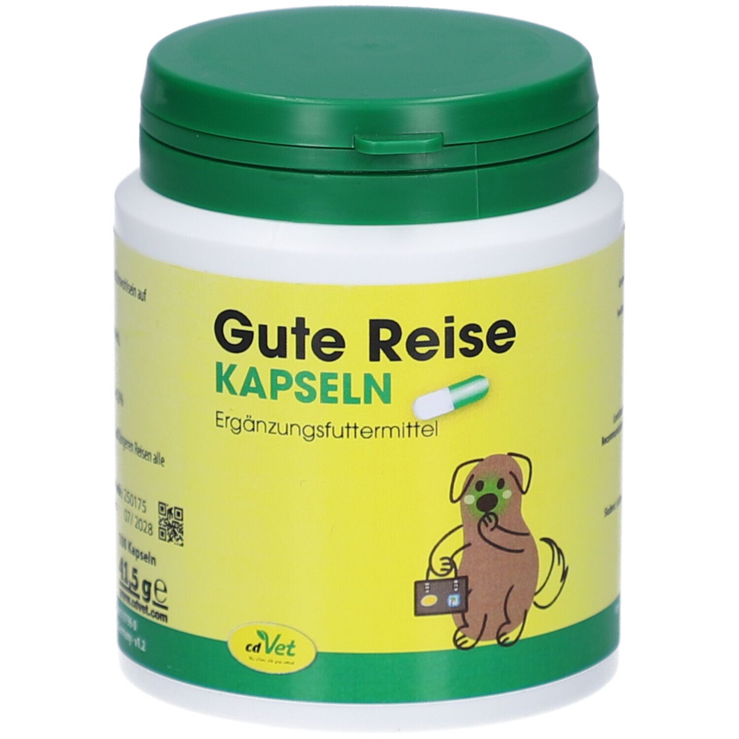 Grüne und weiße Kapseln in einer weißen Dose mit grünem Deckel. Aufschrift: Gute Reise Kapseln. Illustration eines Hundes.