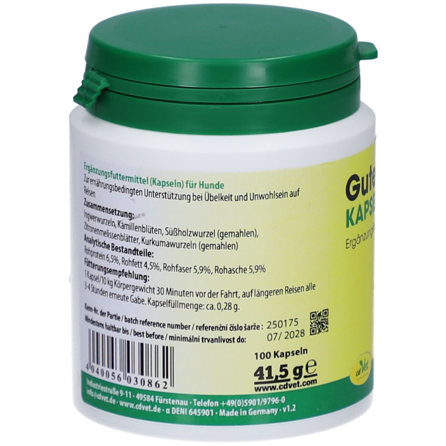 Rückseite einer weißen Dose mit grünem Deckel. Textinformationen zu Inhaltsstoffen, Dosierung und Haltbarkeit. 100 Kapseln.