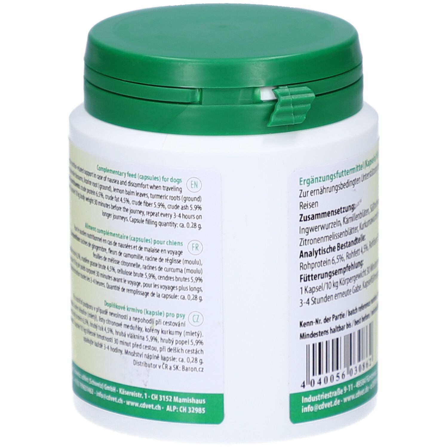 Rückseite einer weißen Dose mit grünem Deckel. Text in Deutsch, Englisch, Französisch und Tschechisch. Informationen zu Inhaltsstoffen und Dosierung.