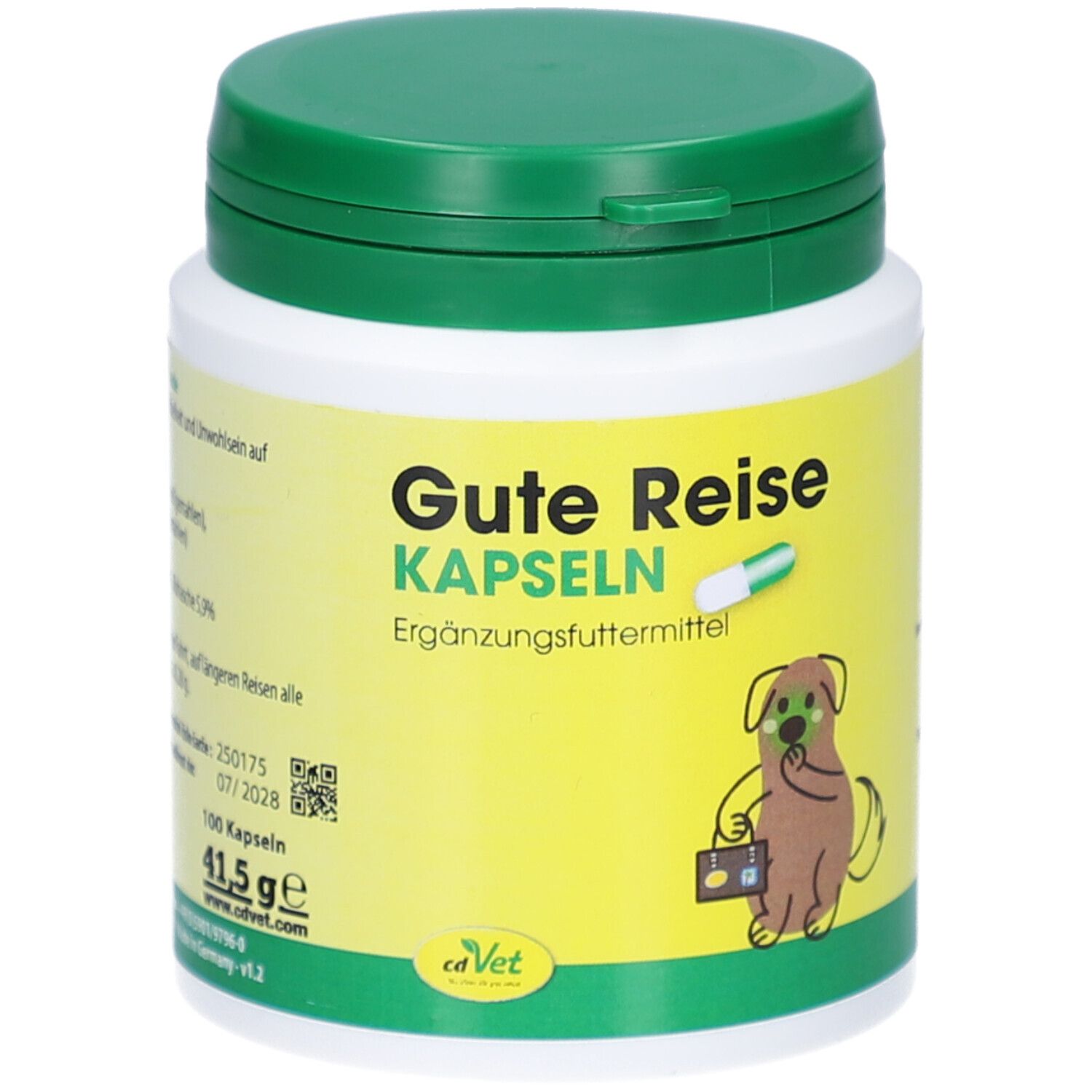 Weiße Dose mit grünem Deckel. Aufschrift: Gute Reise Kapseln. Illustration eines Hundes mit Koffer. 100 Kapseln.