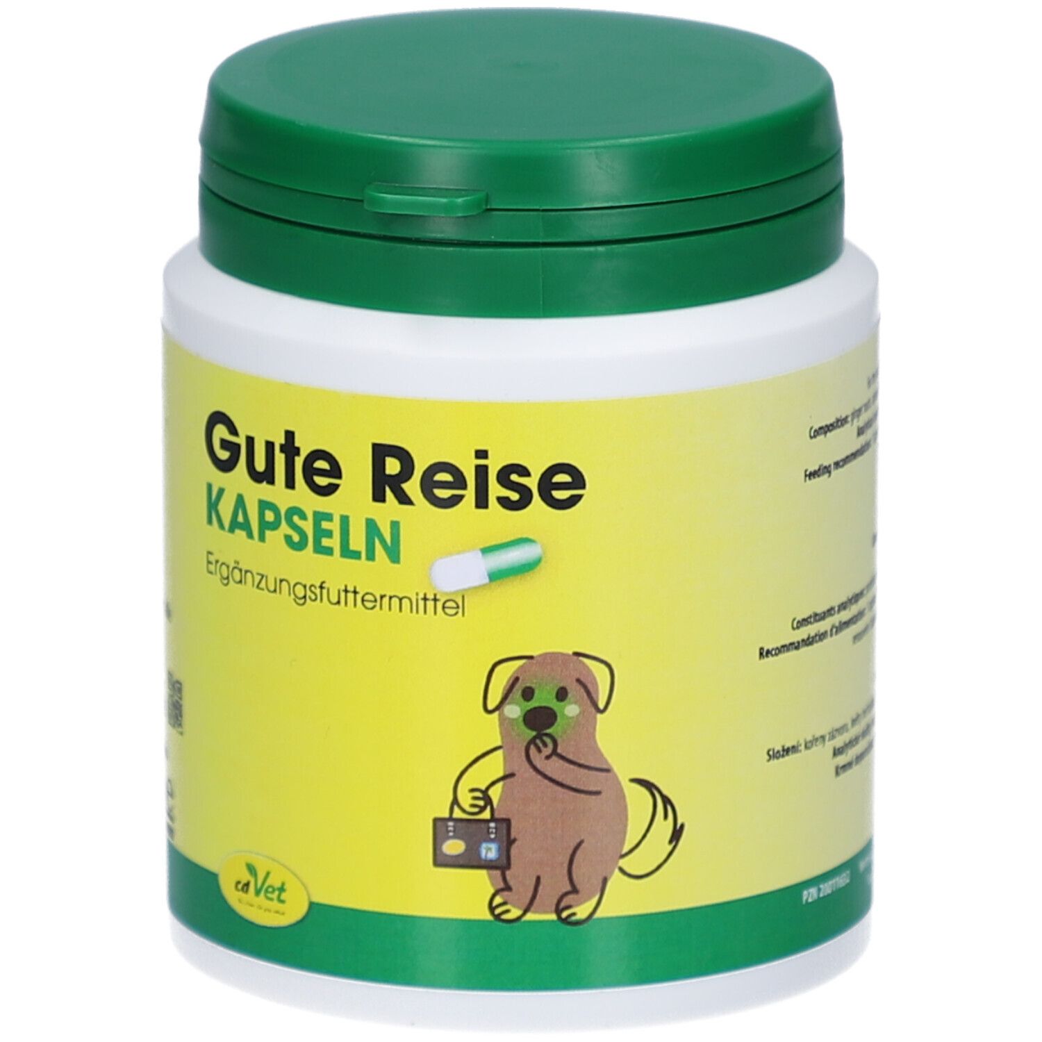 Weiße Dose mit grünem Deckel. Aufschrift: Gute Reise Kapseln. Illustration eines Hundes. 100 Kapseln.