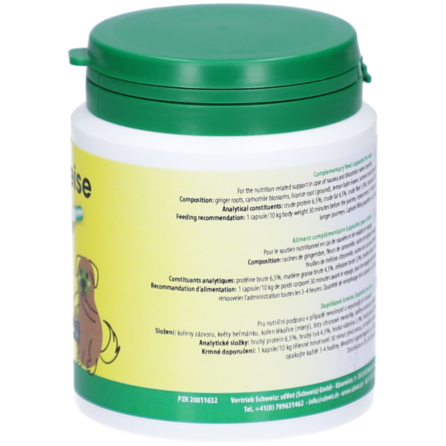 Rückseite einer weißen Dose mit grünem Deckel. Textinformationen in mehreren Sprachen. Informationen zu Inhaltsstoffen und Dosierung.