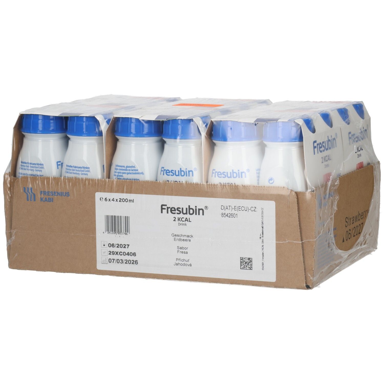 Fresubin 2 Kcal Drink Erdbeere: 24x200ml Flaschen im Karton.