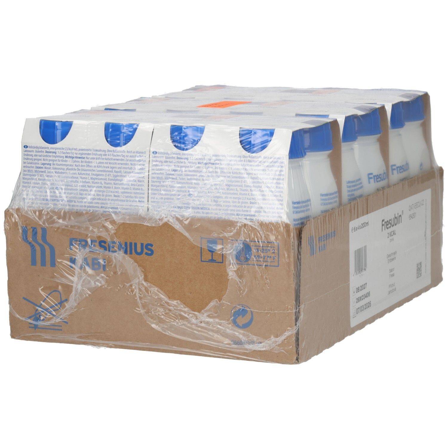 Fresubin 2 Kcal Drink Erdbeere: Rückseite des Kartons mit 24x200ml Flaschen.