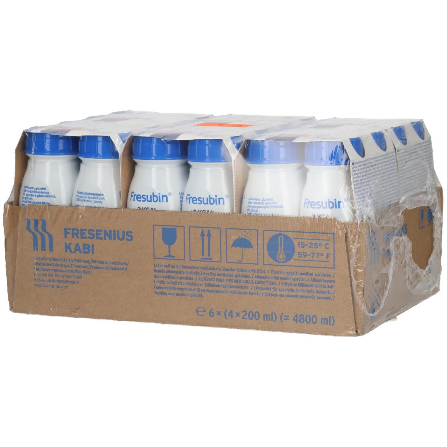 Fresubin 2 Kcal Drink Erdbeere: Karton mit 24x200ml Flaschen, Kennzeichnung.
